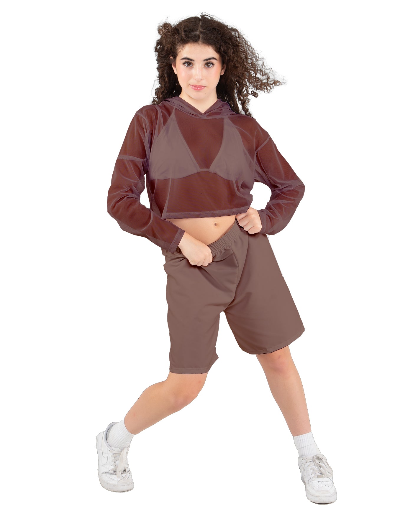 Solid Loose Mesh Hooded Top