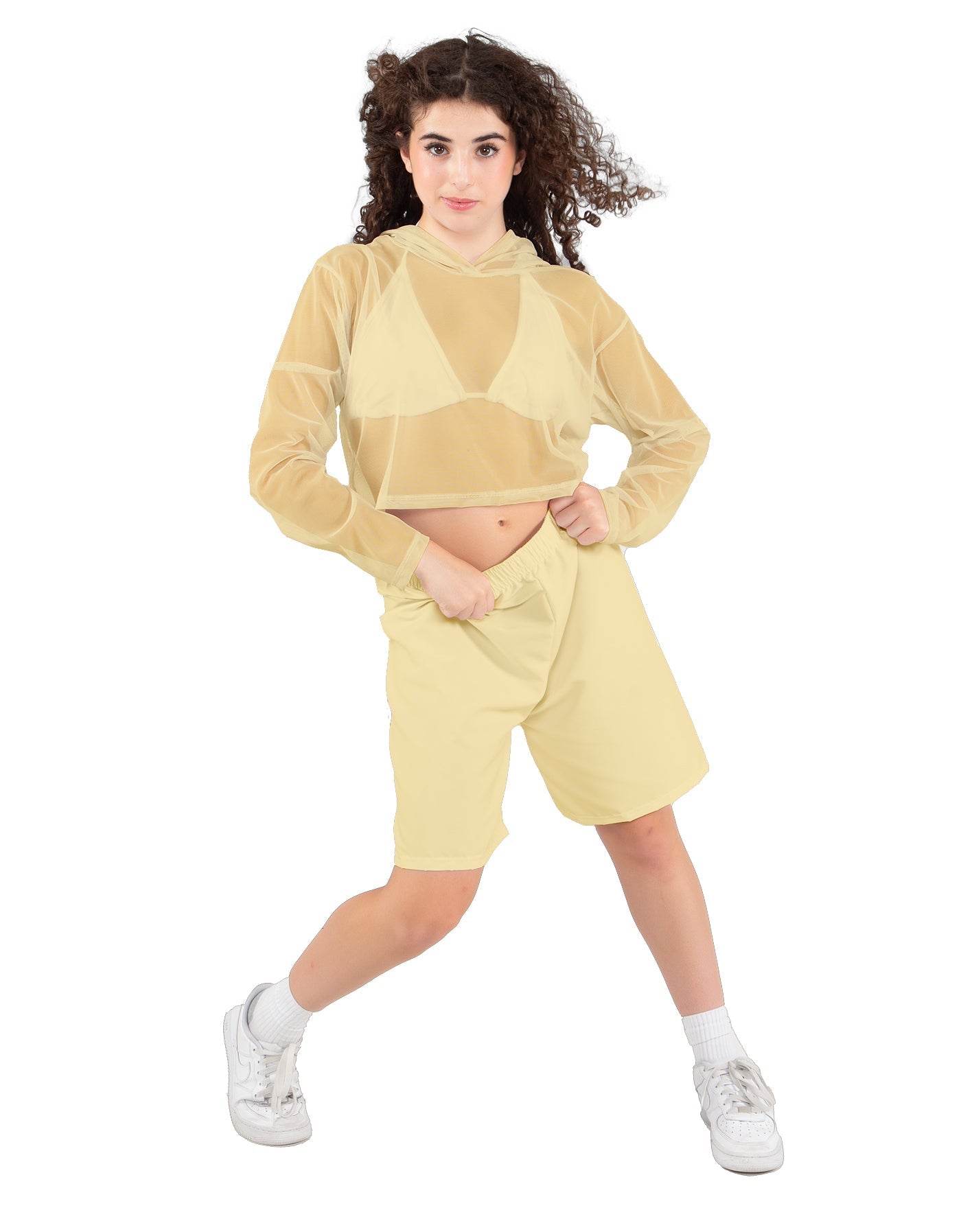Solid Loose Mesh Hooded Top