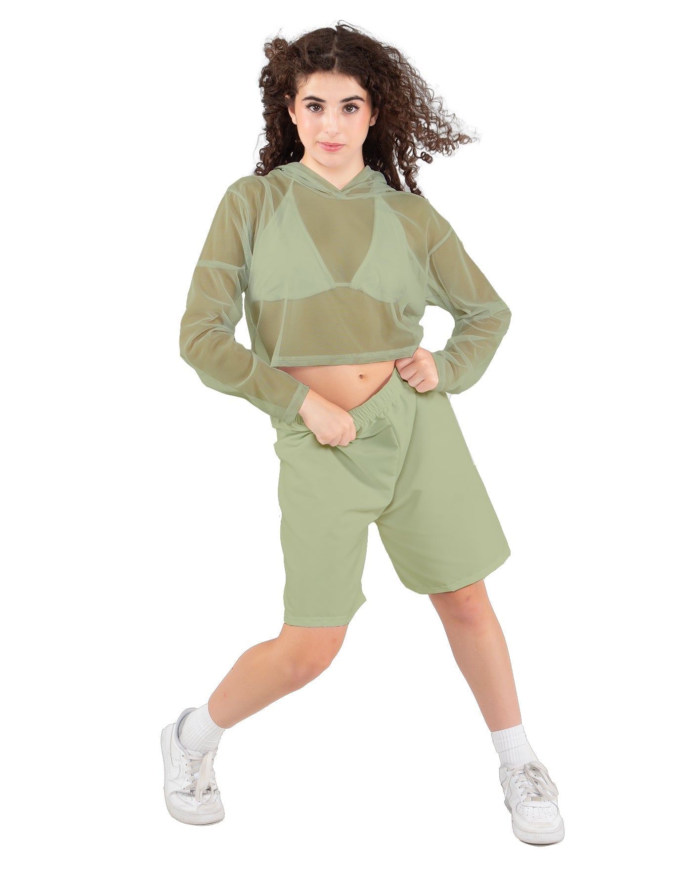 Solid Loose Mesh Hooded Top