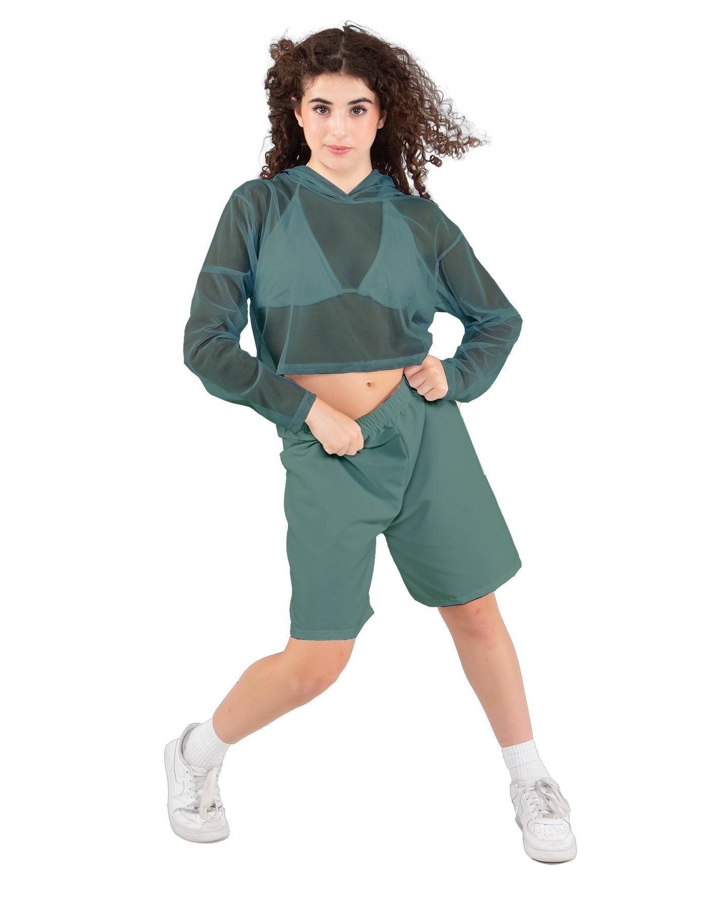 Solid Loose Mesh Hooded Top