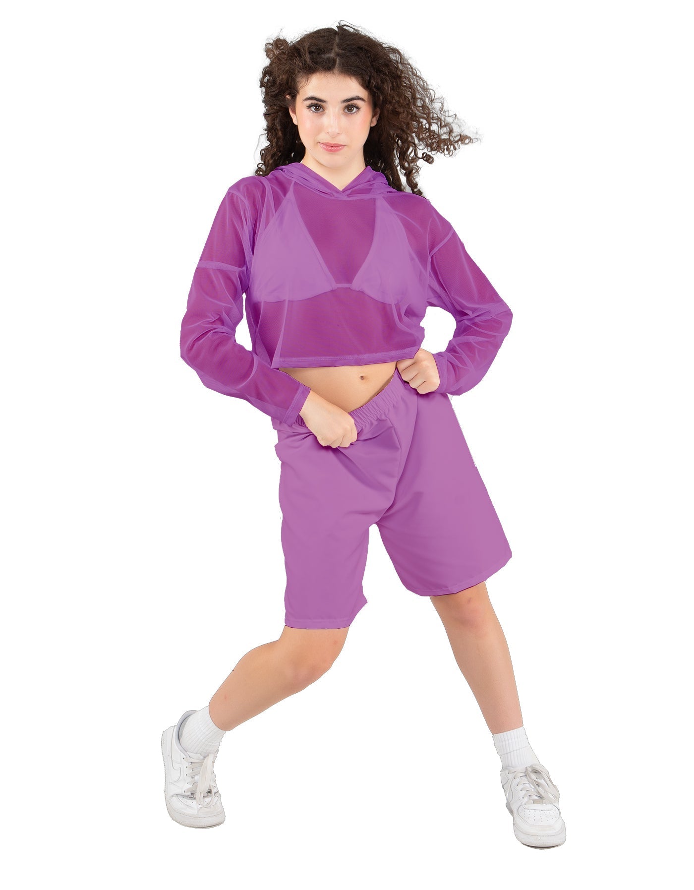 Solid Loose Mesh Hooded Top