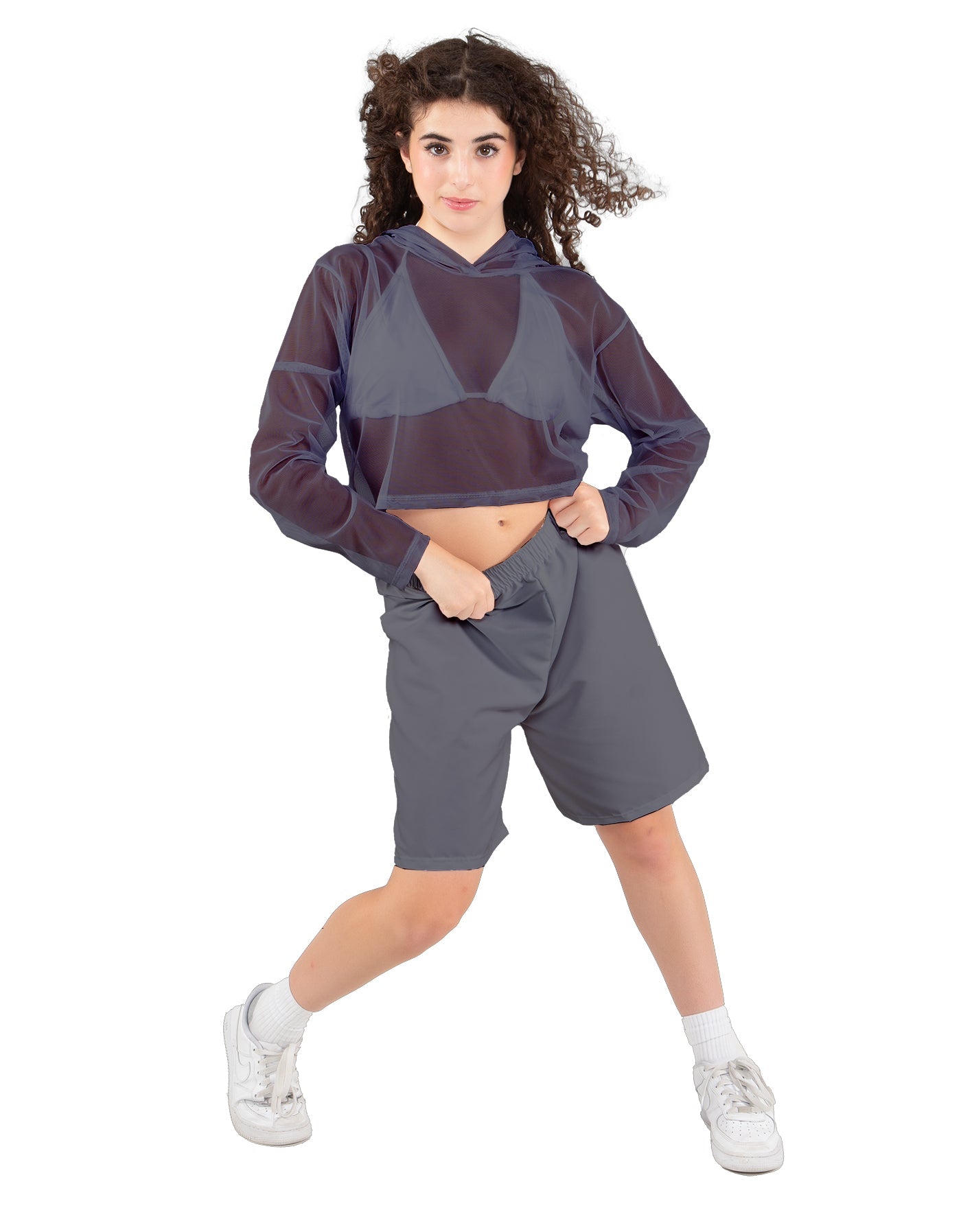 Solid Loose Mesh Hooded Top