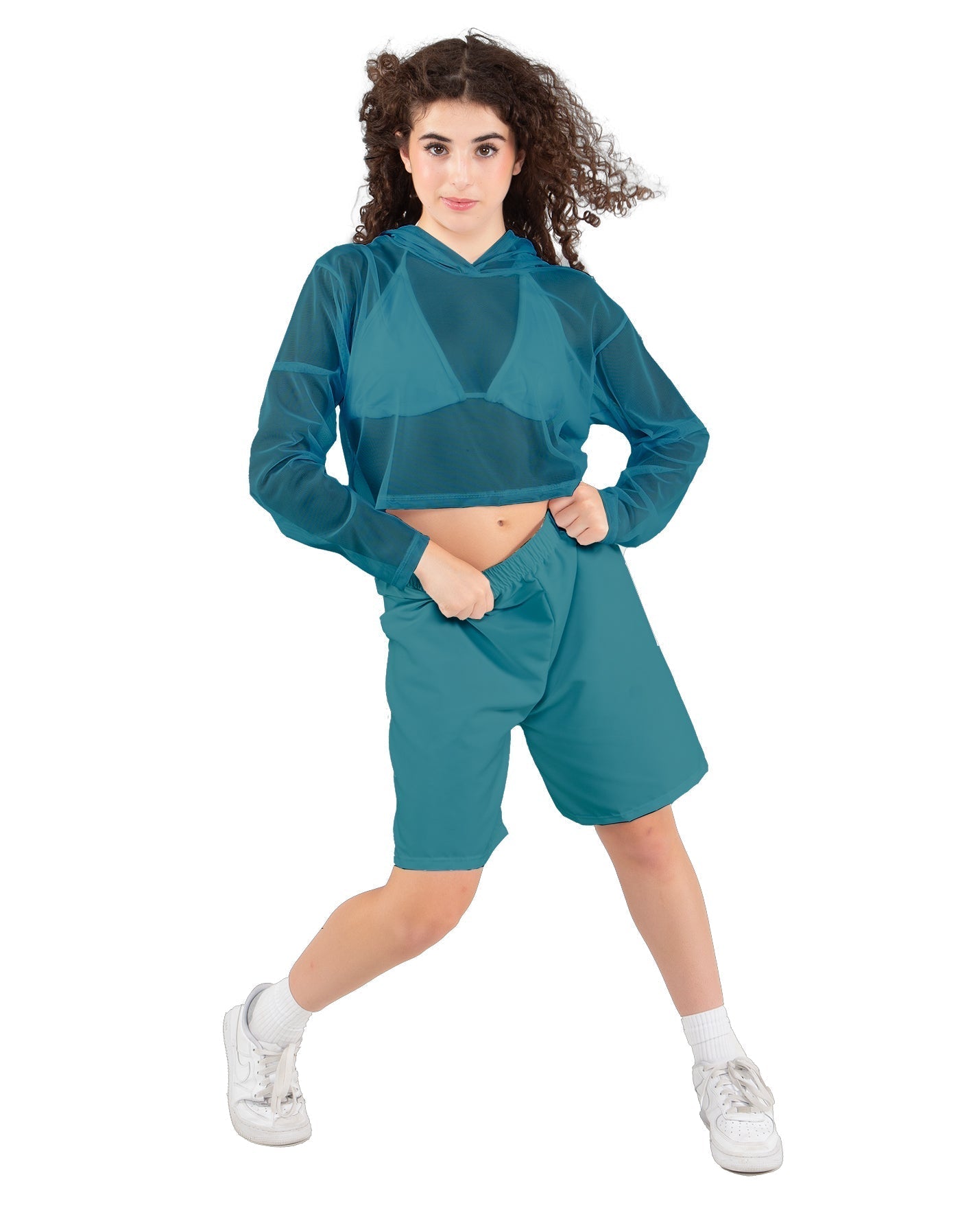 Solid Loose Mesh Hooded Top