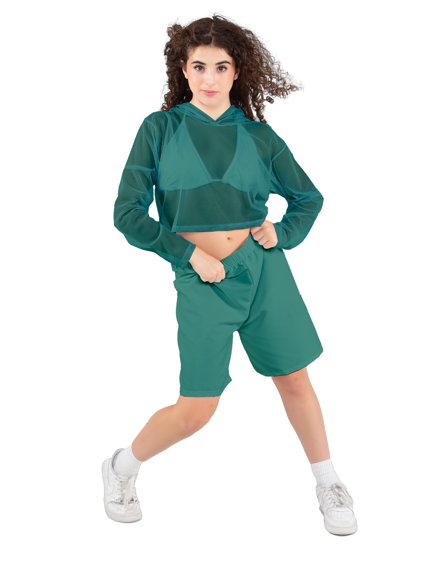 Solid Loose Mesh Hooded Top