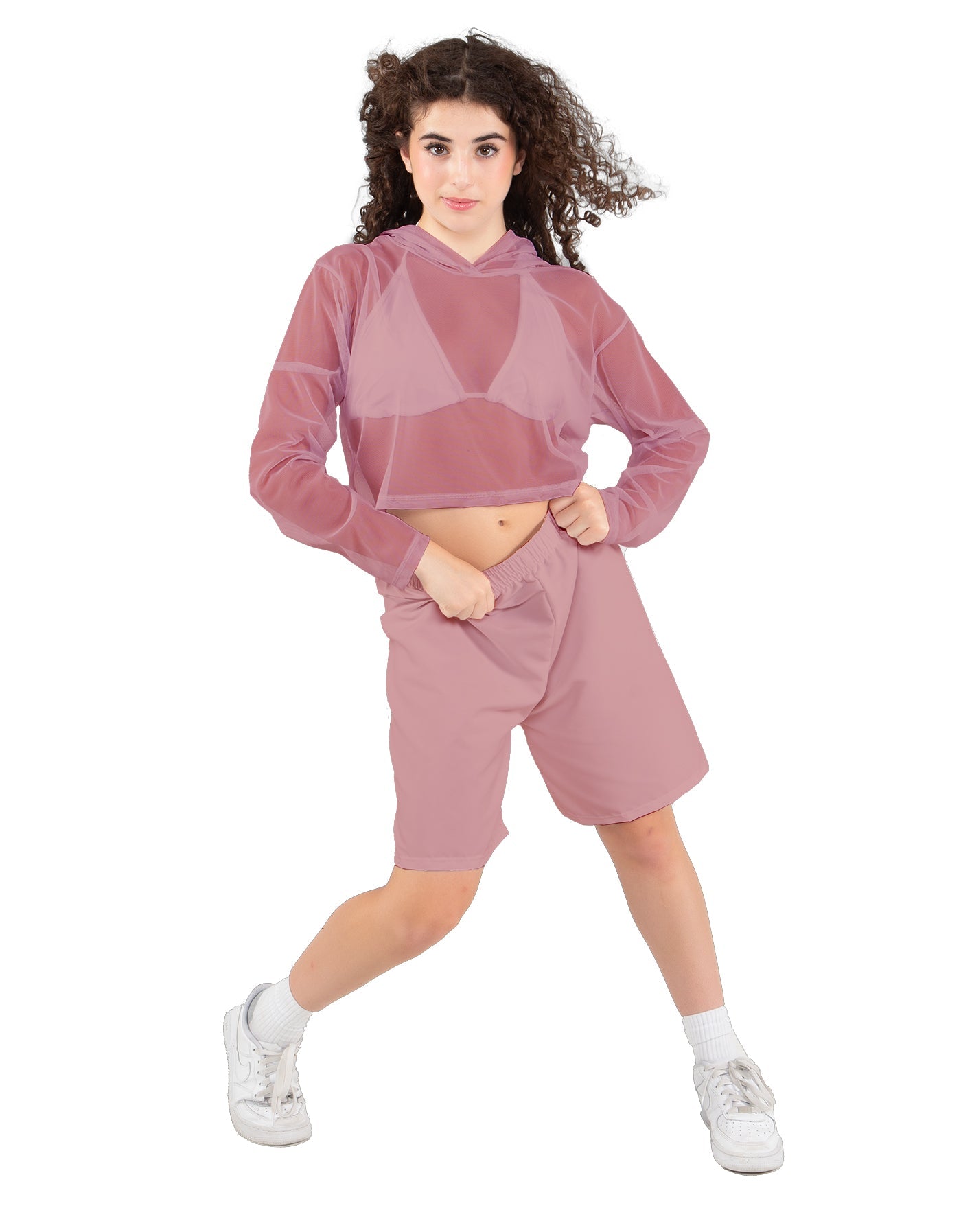Solid Loose Mesh Hooded Top