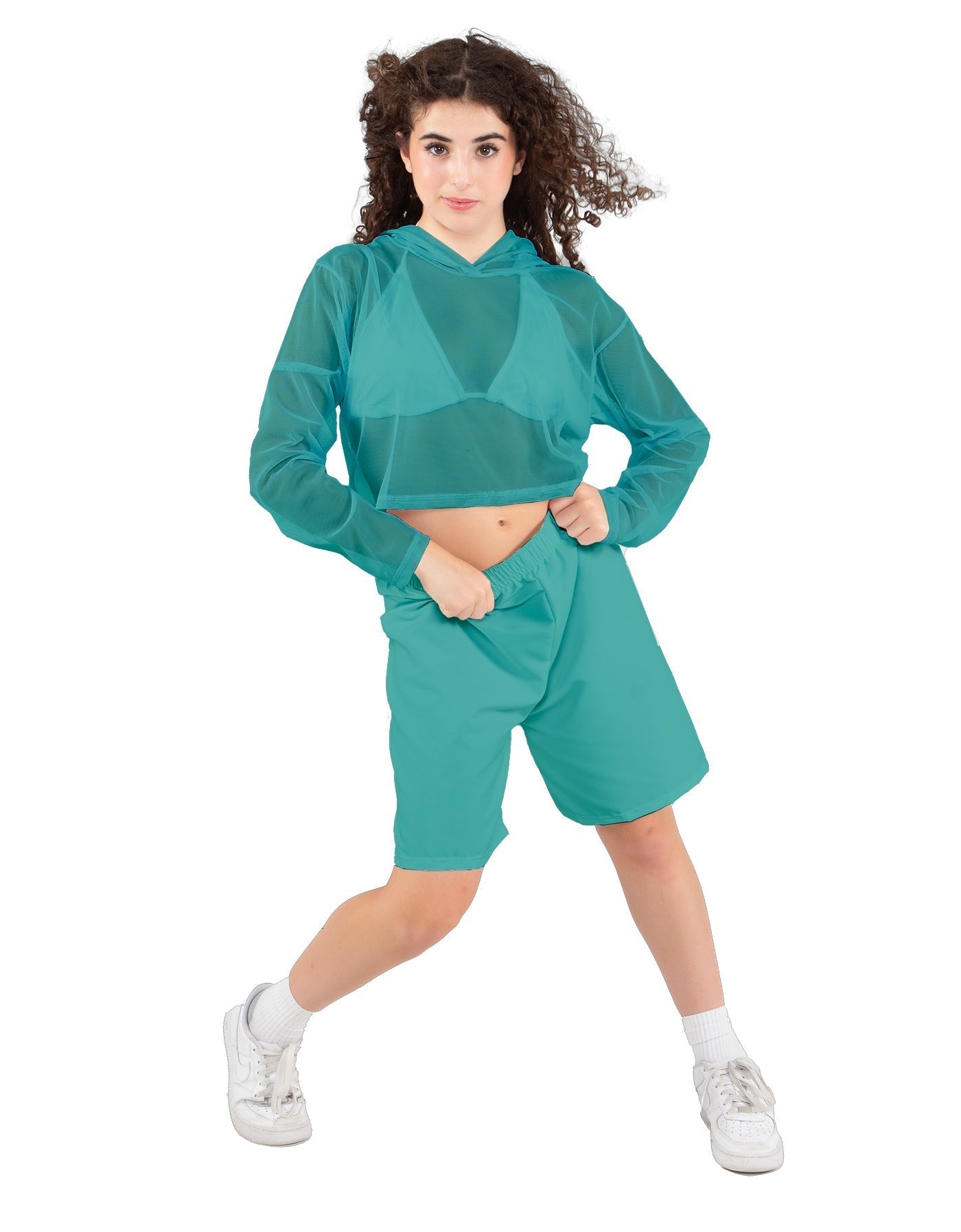 Solid Loose Mesh Hooded Top