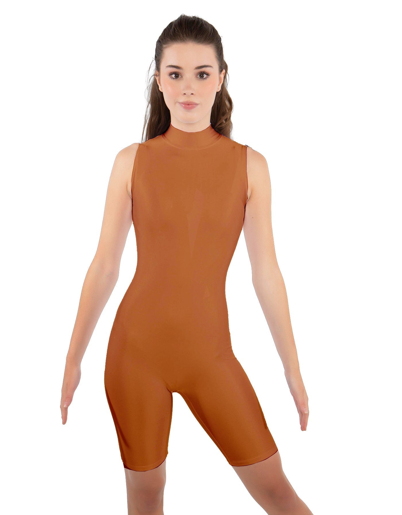 Solid Lycra T Neck Sleeveless Biketard - Bike Short Length - Zipper Back