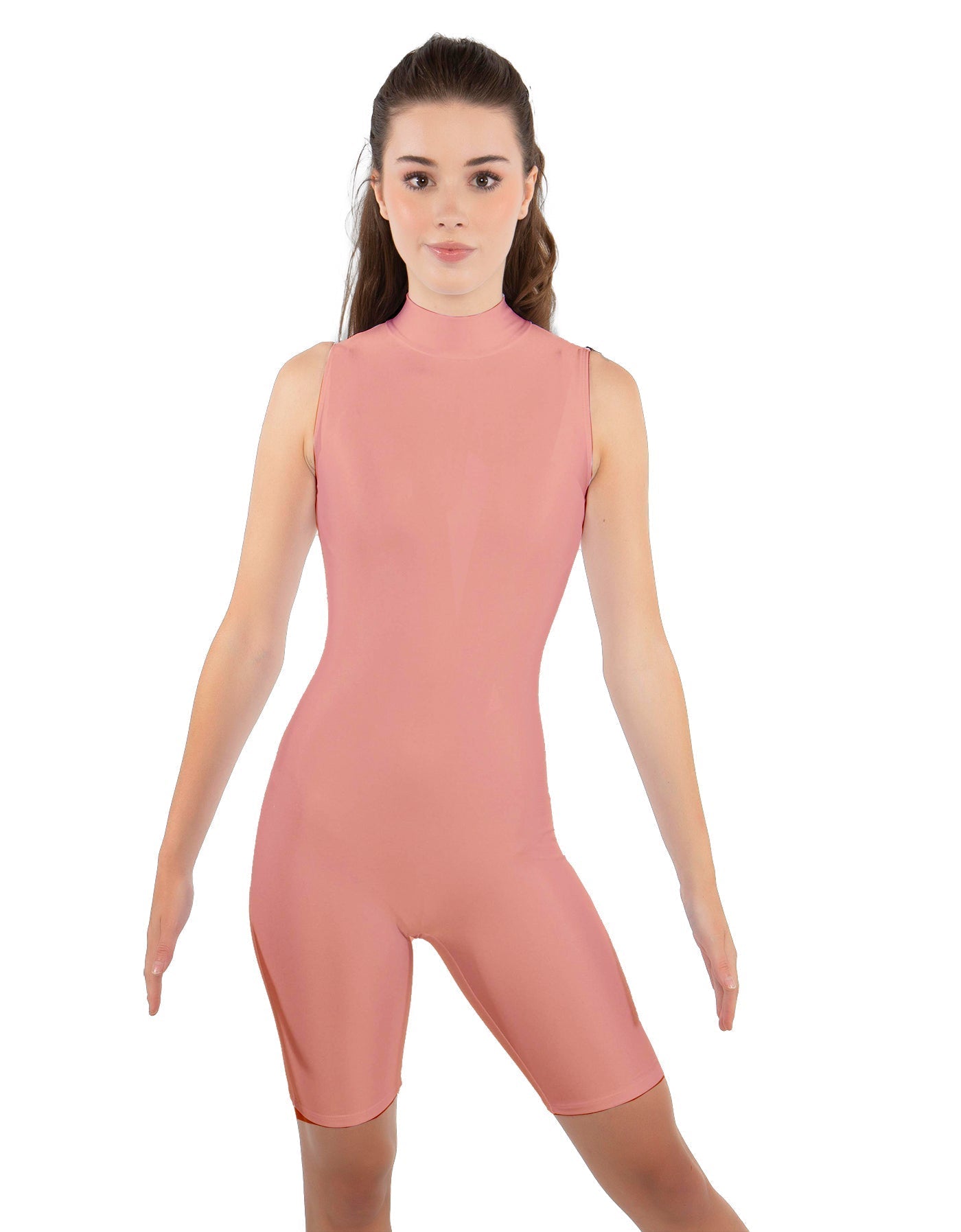 Solid Lycra T Neck Sleeveless Biketard - Bike Short Length - Zipper Back