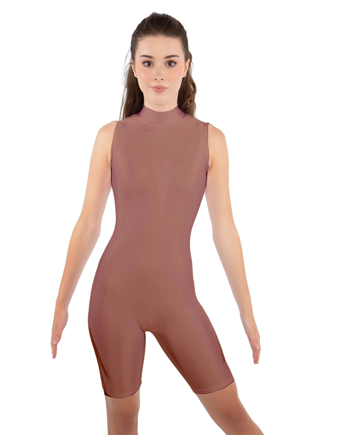 Solid Lycra T Neck Sleeveless Biketard - Bike Short Length - Zipper Back