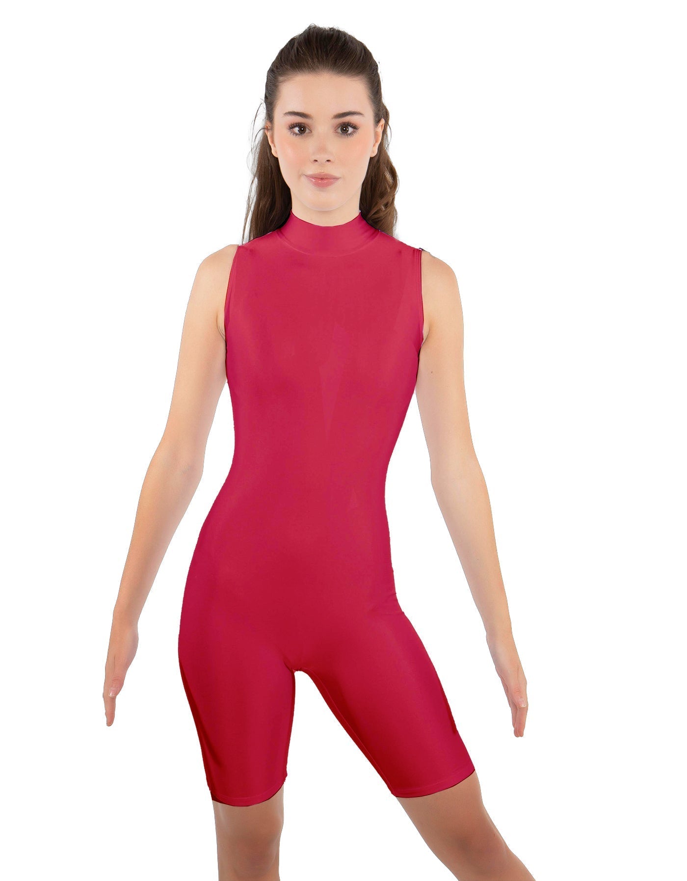 Solid Lycra T Neck Sleeveless Biketard - Bike Short Length - Zipper Back