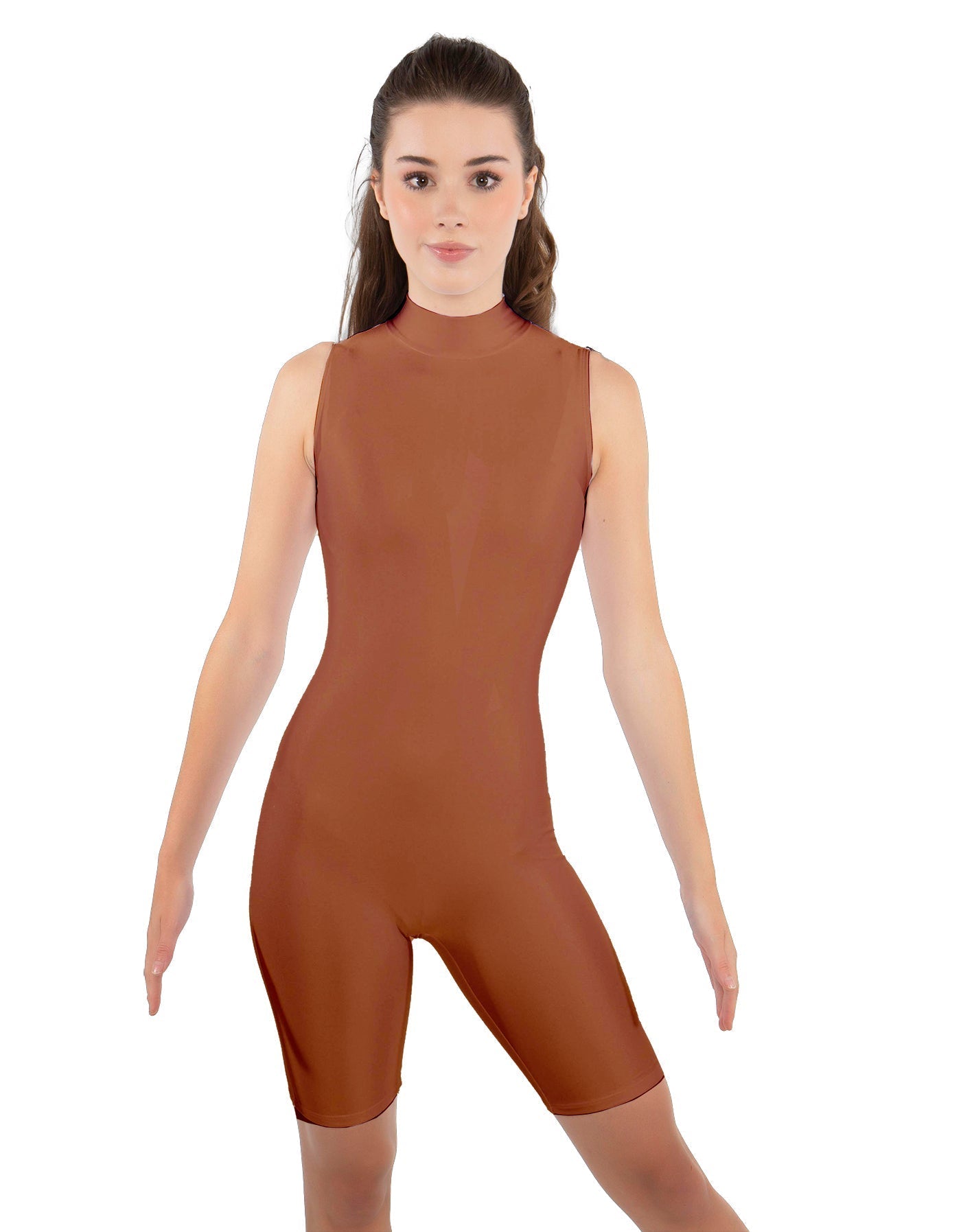 Solid Lycra T Neck Sleeveless Biketard - Bike Short Length - Zipper Back