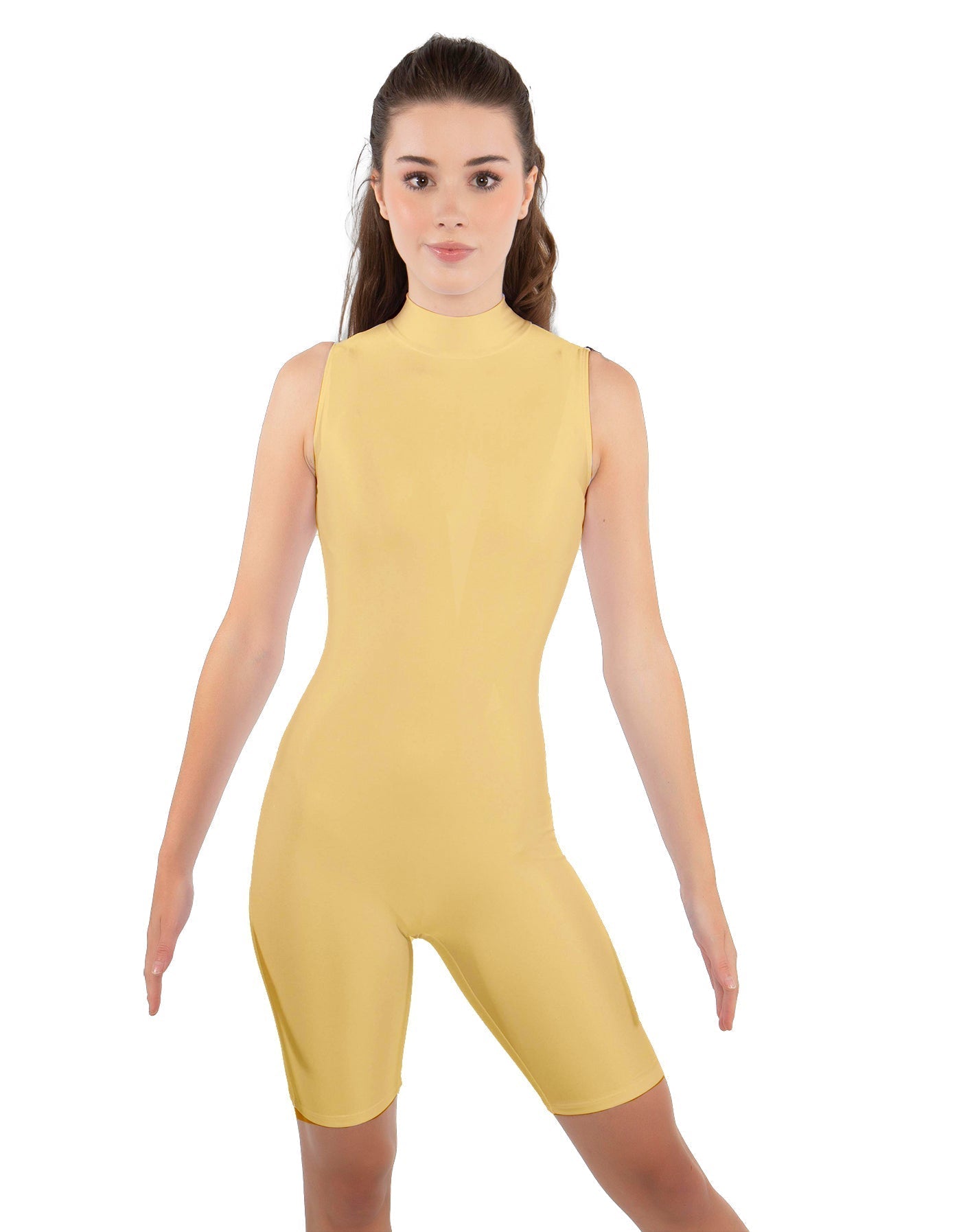 Solid Lycra T Neck Sleeveless Biketard - Bike Short Length - Zipper Back