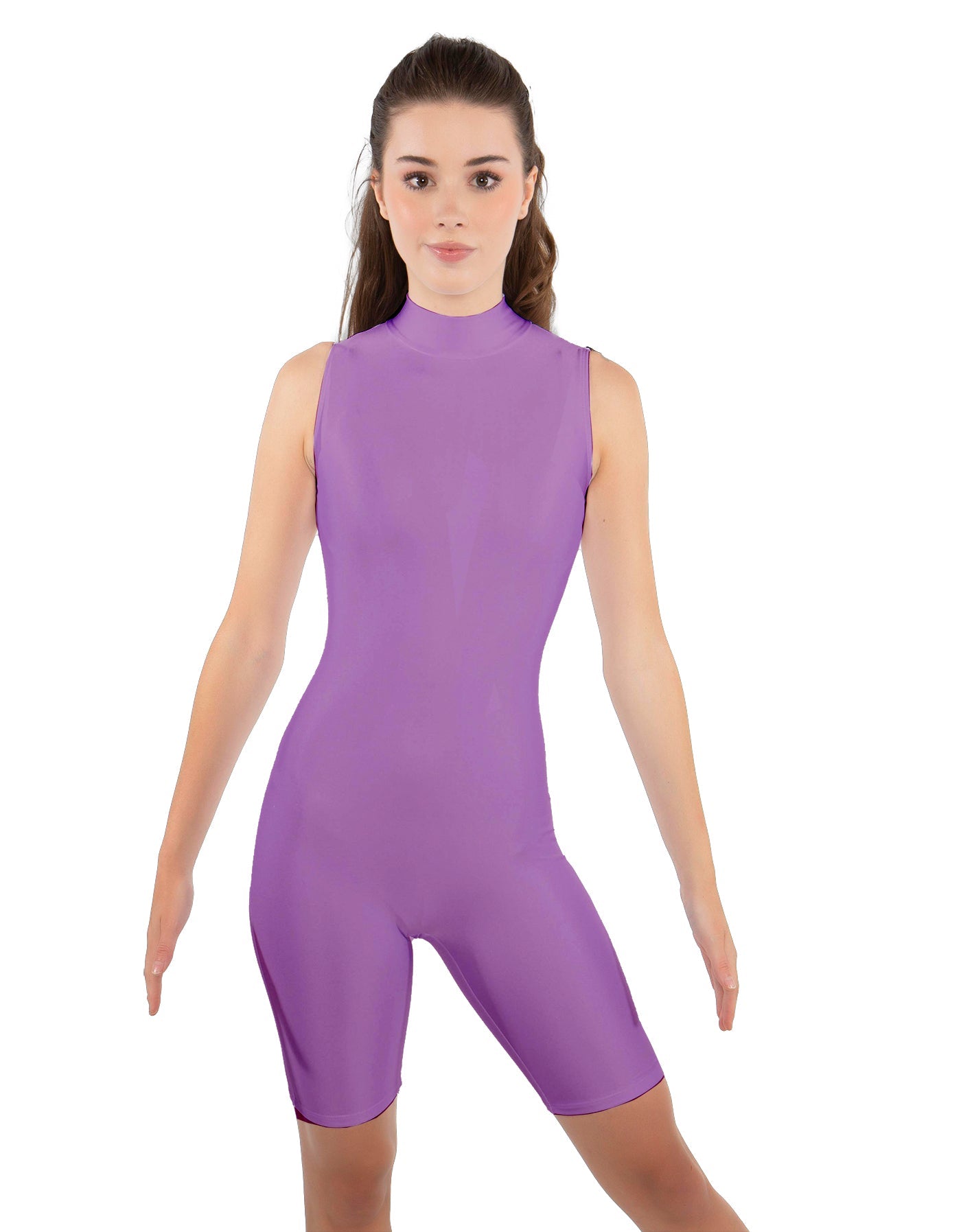 Solid Lycra T Neck Sleeveless Biketard - Bike Short Length - Zipper Back