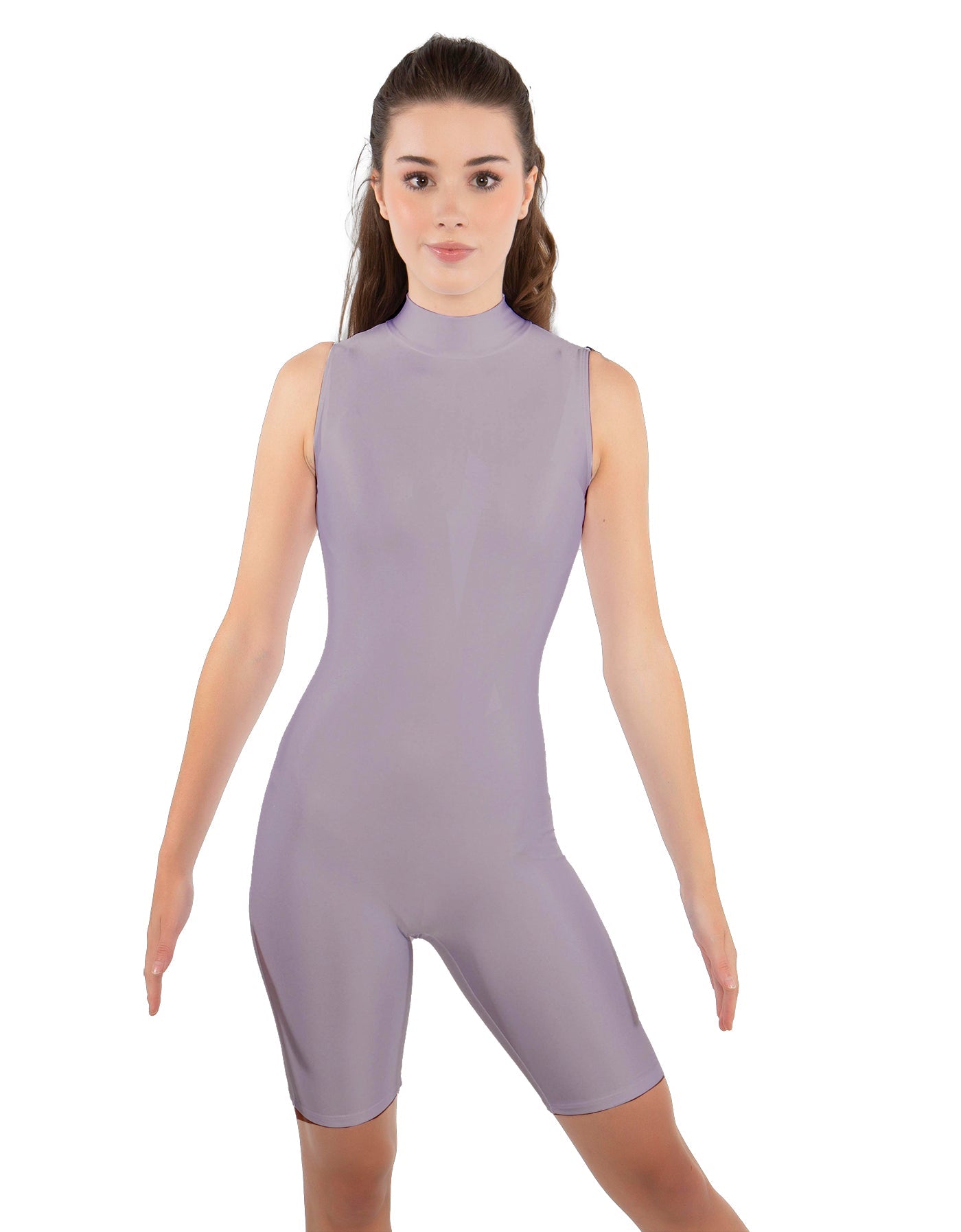 Solid Lycra T Neck Sleeveless Biketard - Bike Short Length - Zipper Back