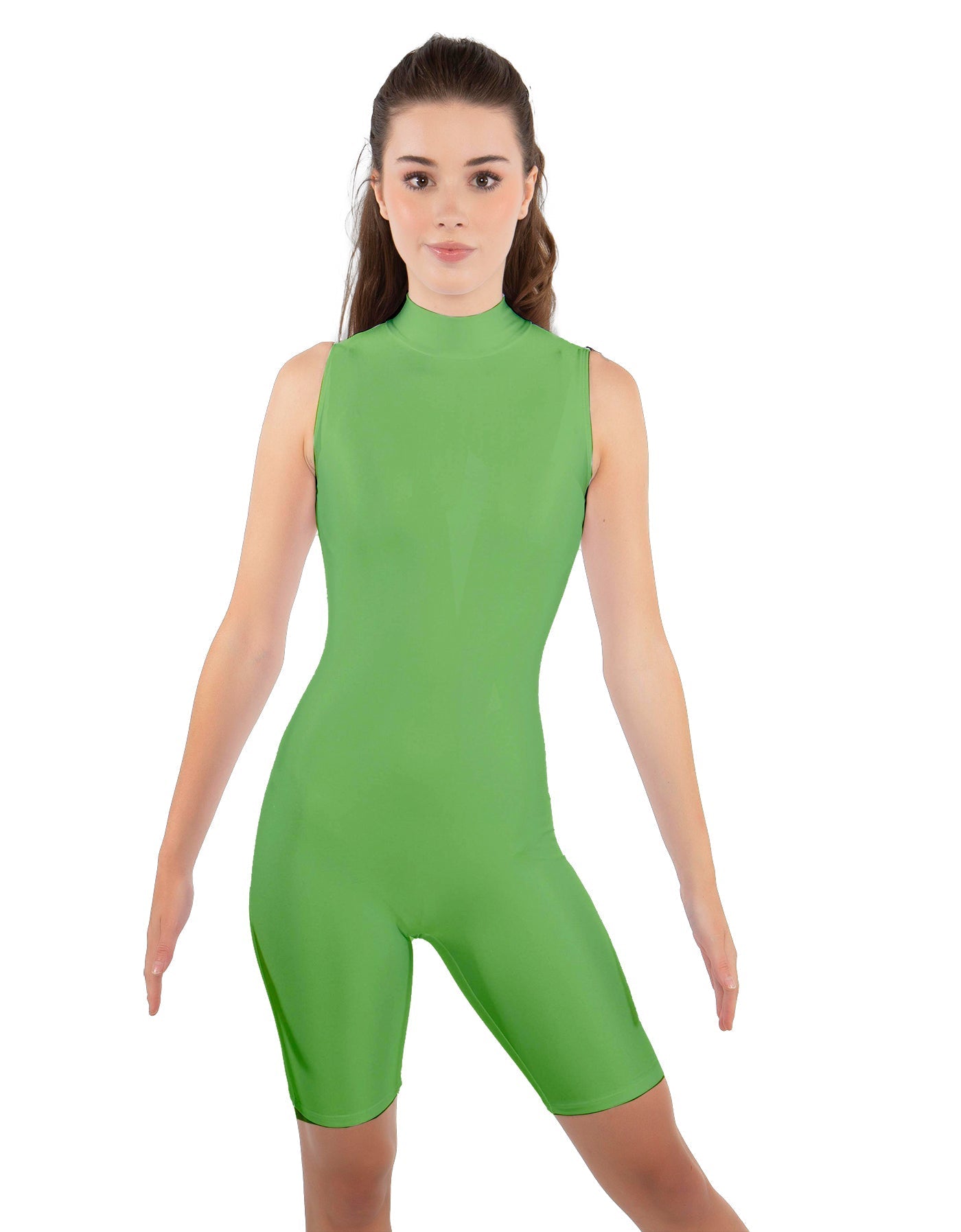 Solid Lycra T Neck Sleeveless Biketard - Bike Short Length - Zipper Back