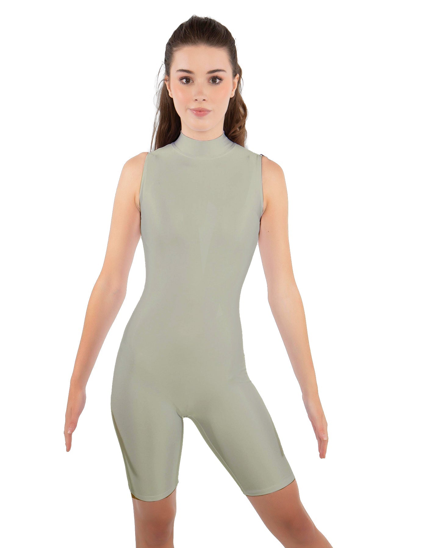 Solid Lycra T Neck Sleeveless Biketard - Bike Short Length - Zipper Back