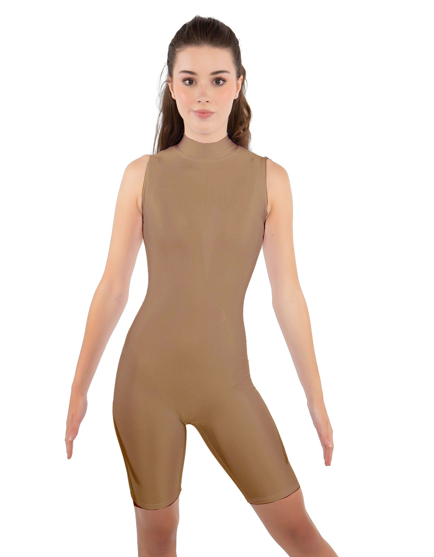Solid Lycra T Neck Sleeveless Biketard - Bike Short Length - Zipper Back