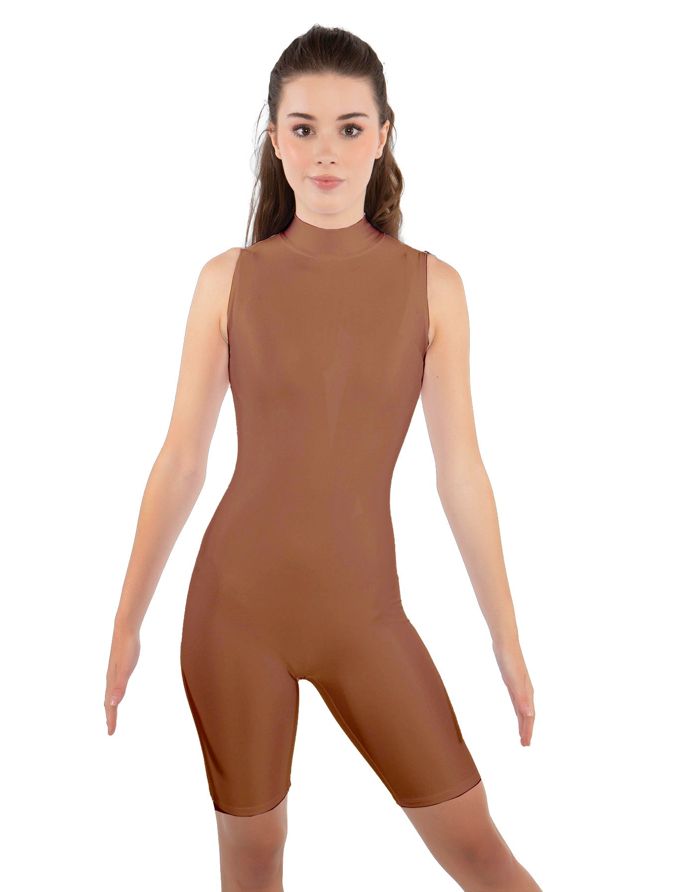 Solid Lycra T Neck Sleeveless Biketard - Bike Short Length - Zipper Back