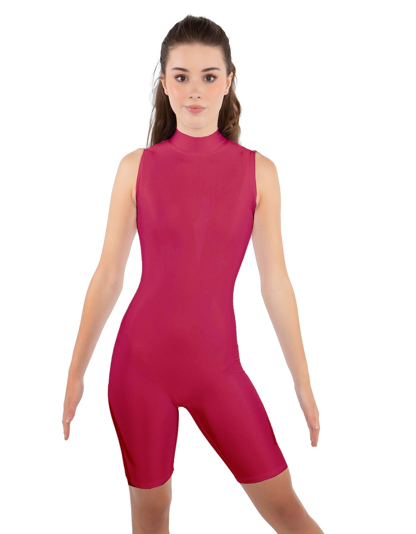 Solid Lycra T Neck Sleeveless Biketard - Bike Short Length - Zipper Back