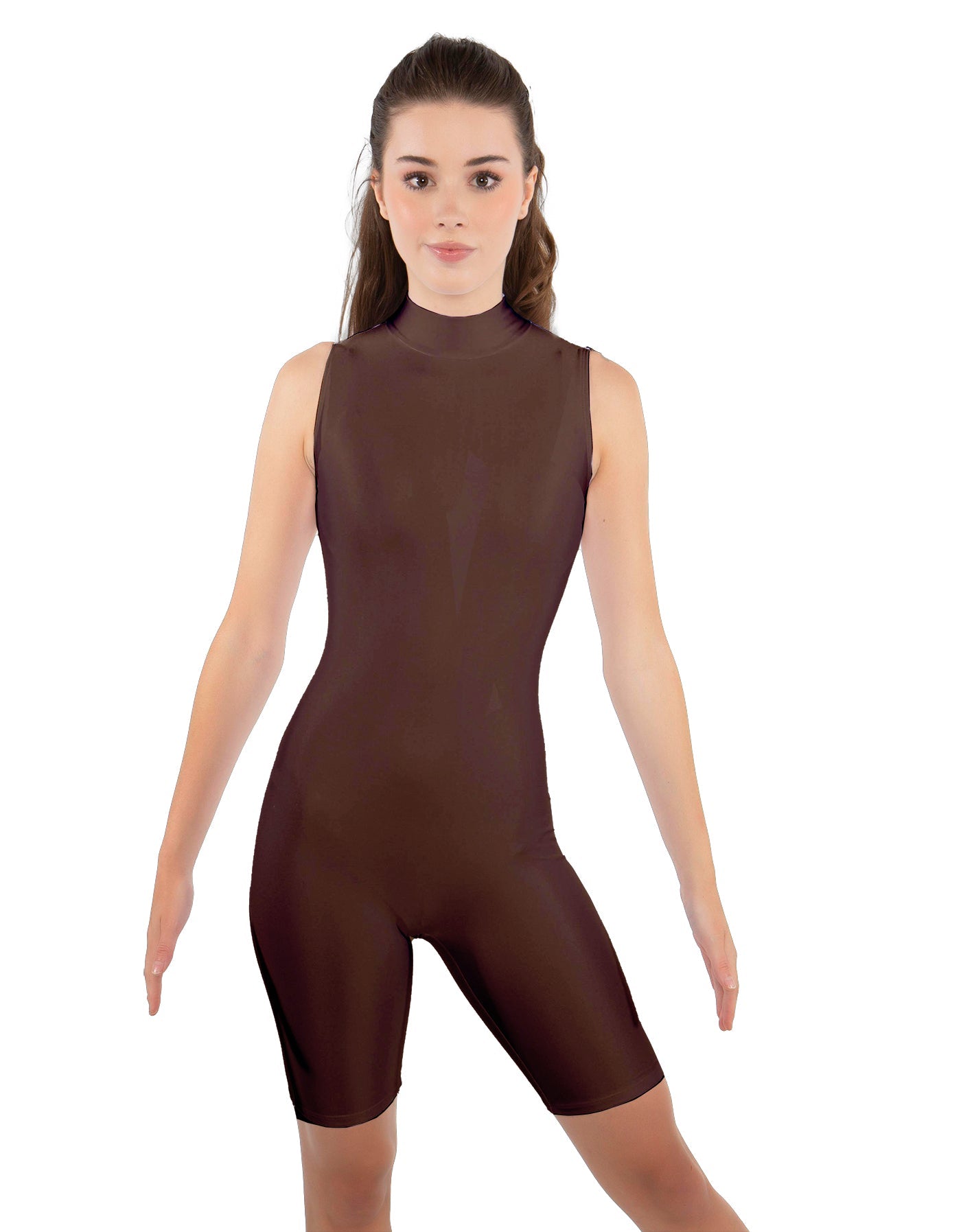 Solid Lycra T Neck Sleeveless Biketard - Bike Short Length - Zipper Back