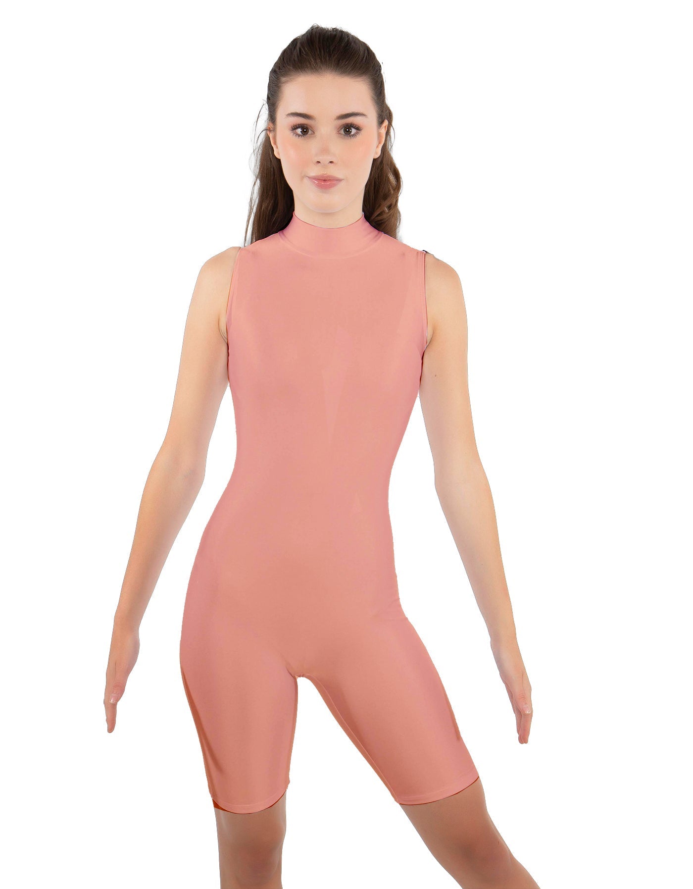 Solid Lycra T Neck Sleeveless Biketard - Bike Short Length - Zipper Back