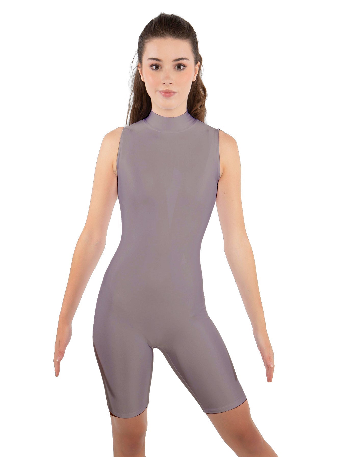 Solid Lycra T Neck Sleeveless Biketard - Bike Short Length - Zipper Back