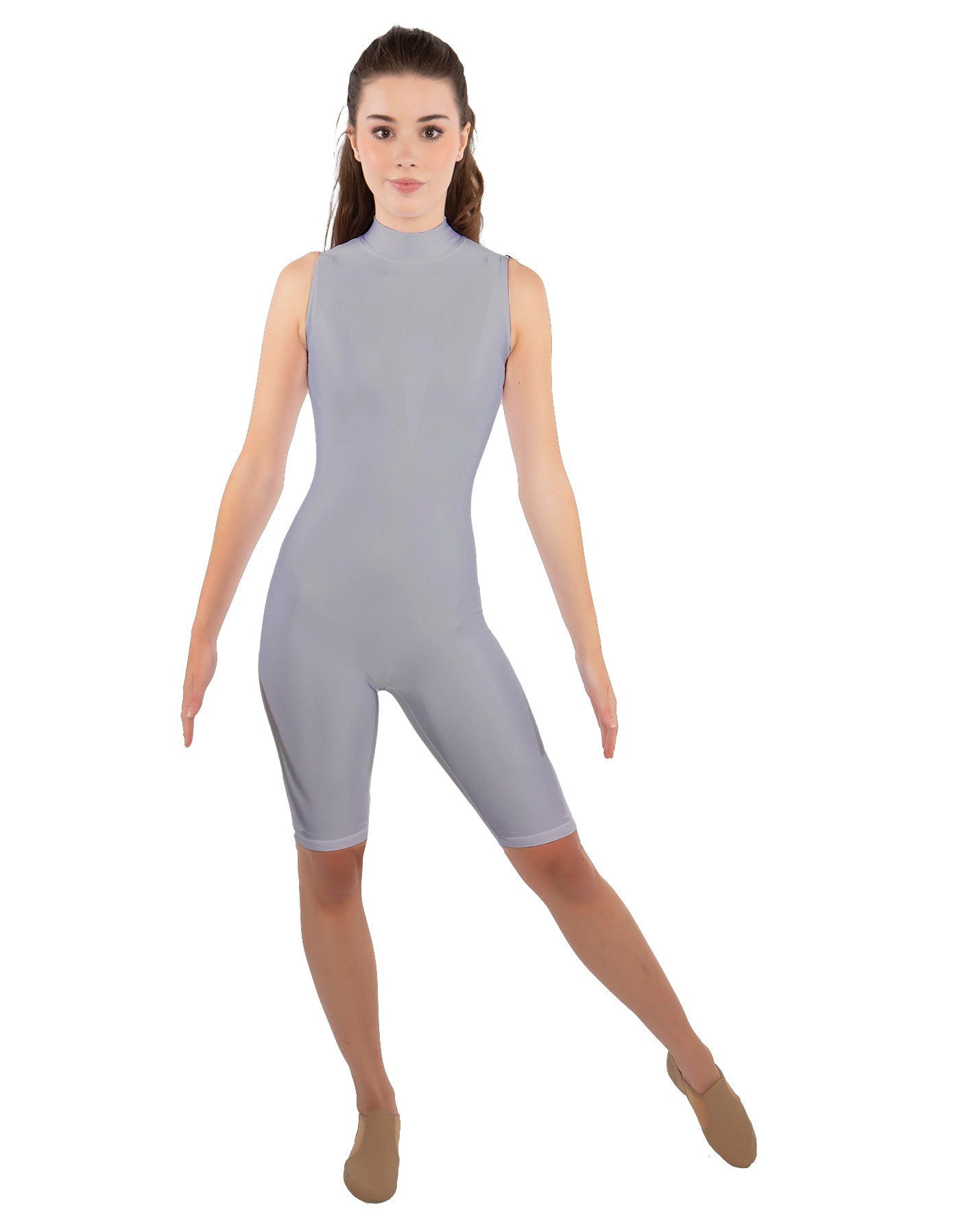 Solid Lycra T Neck Sleeveless Biketard - Nicker Short Length - Zipper Back