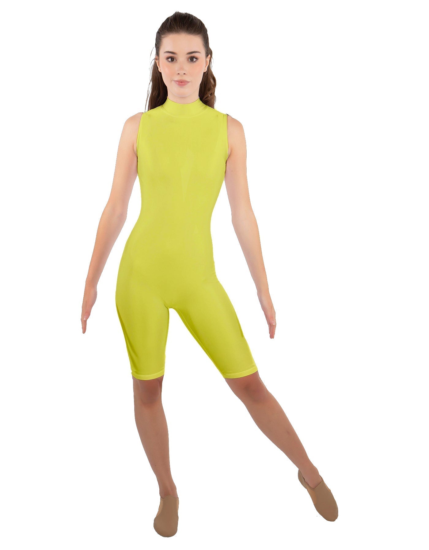 Solid Lycra T Neck Sleeveless Biketard - Nicker Short Length - Zipper Back