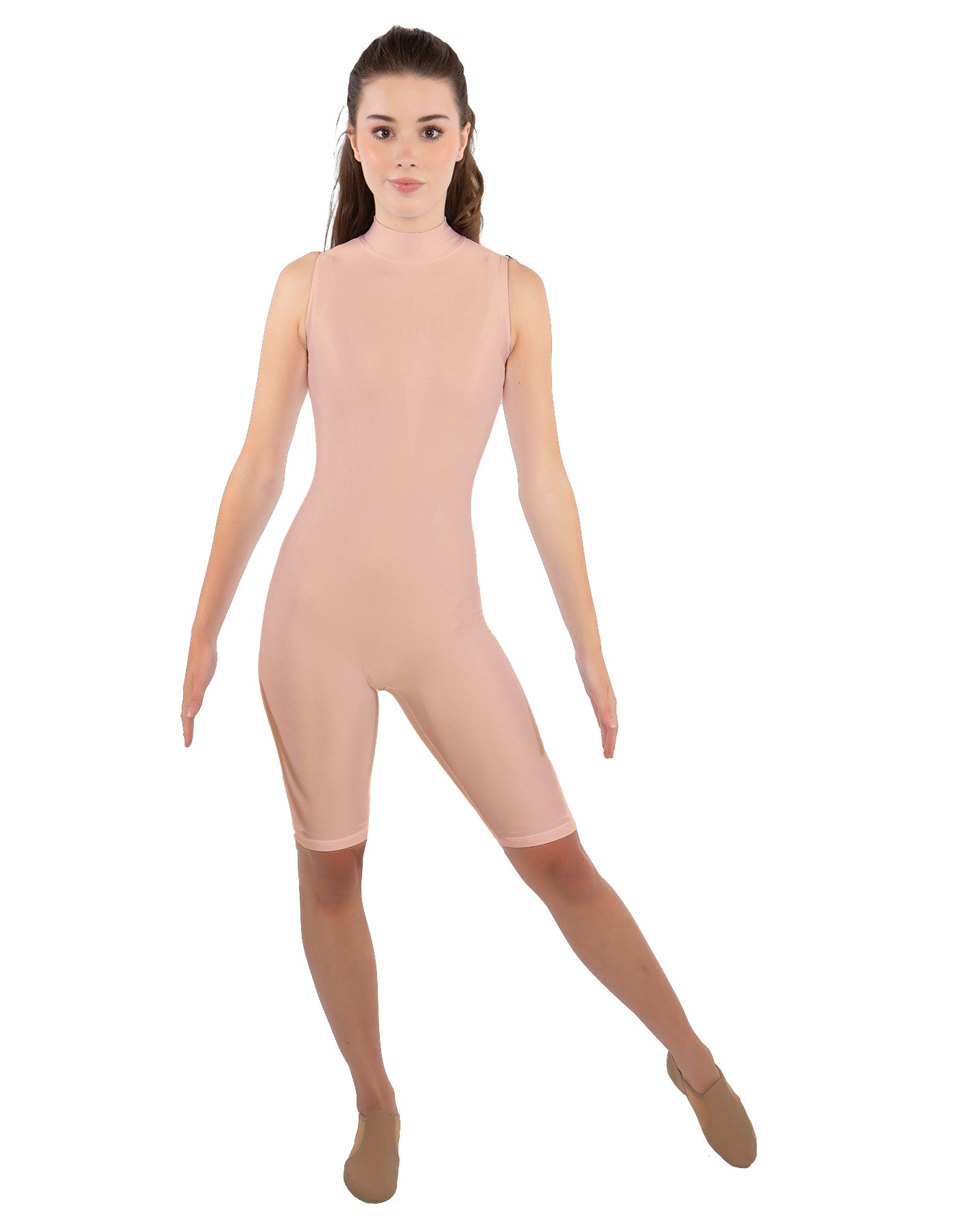 Solid Lycra T Neck Sleeveless Biketard - Nicker Short Length - Zipper Back