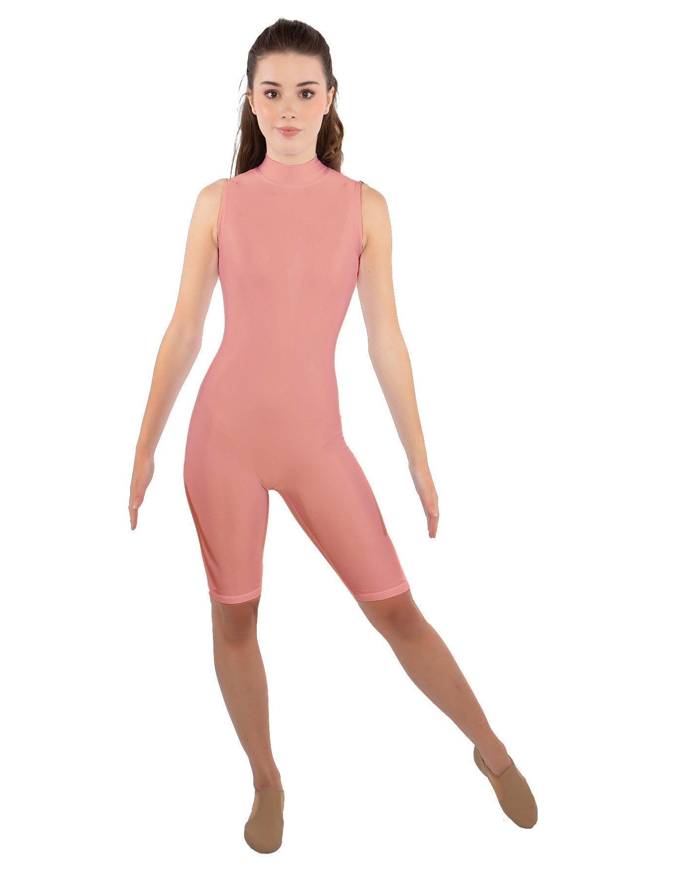 Solid Lycra T Neck Sleeveless Biketard - Nicker Short Length - Zipper Back