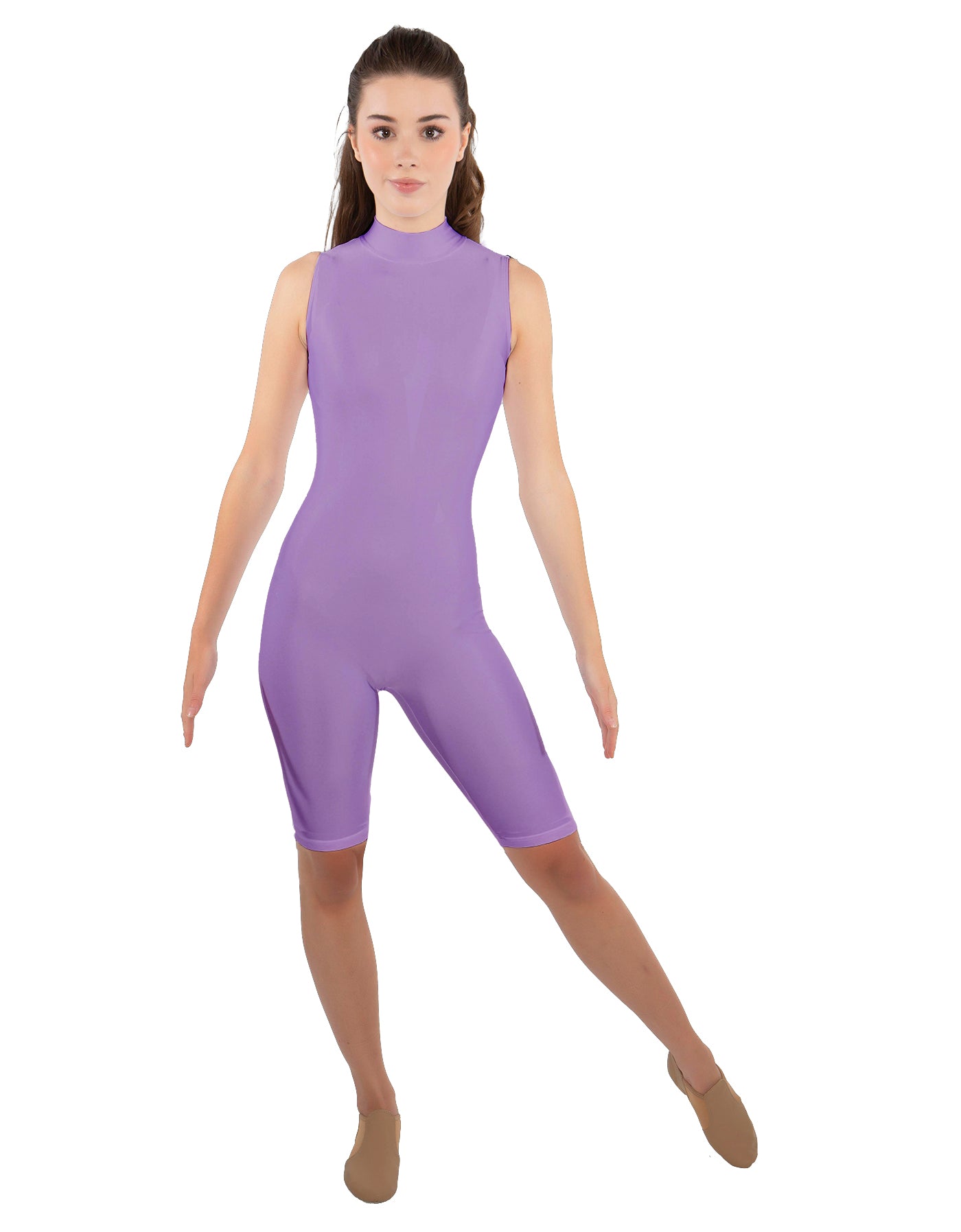 Solid Lycra T Neck Sleeveless Biketard - Nicker Short Length - Zipper Back