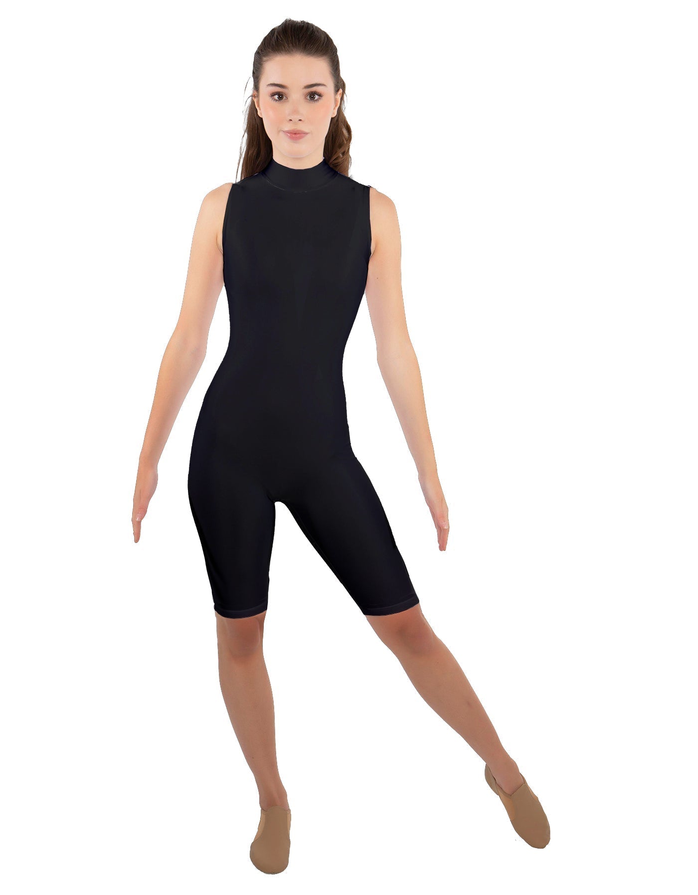 Solid Lycra T Neck Sleeveless Biketard - Nicker Short Length - Zipper Back