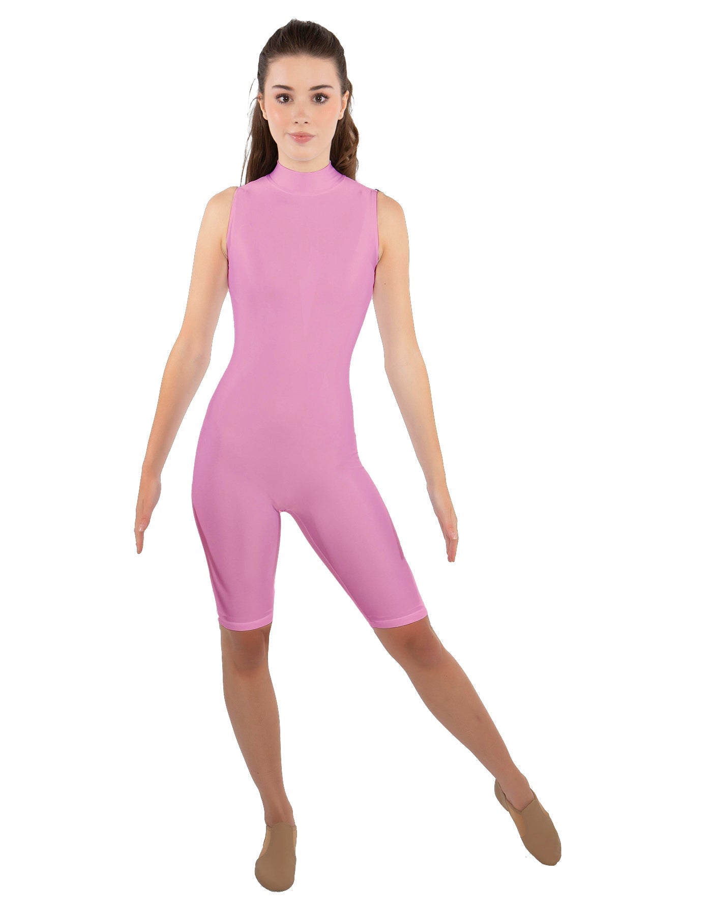 Solid Lycra T Neck Sleeveless Biketard - Nicker Short Length - Zipper Back
