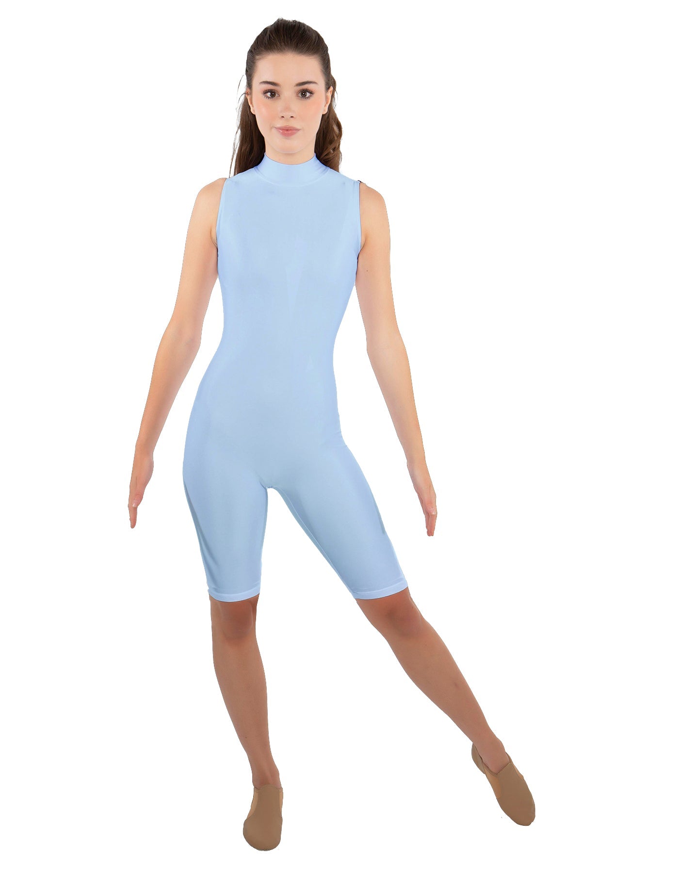 Solid Lycra T Neck Sleeveless Biketard - Nicker Short Length - Zipper Back