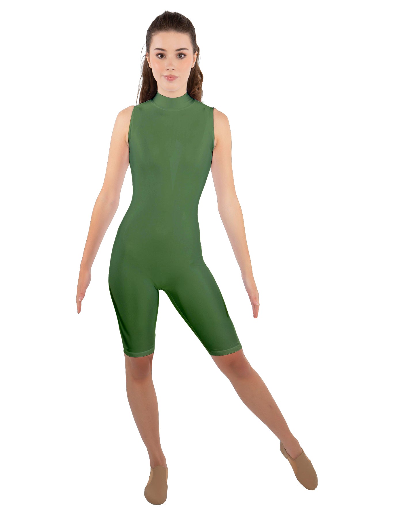 Solid Lycra T Neck Sleeveless Biketard - Nicker Short Length - Zipper Back