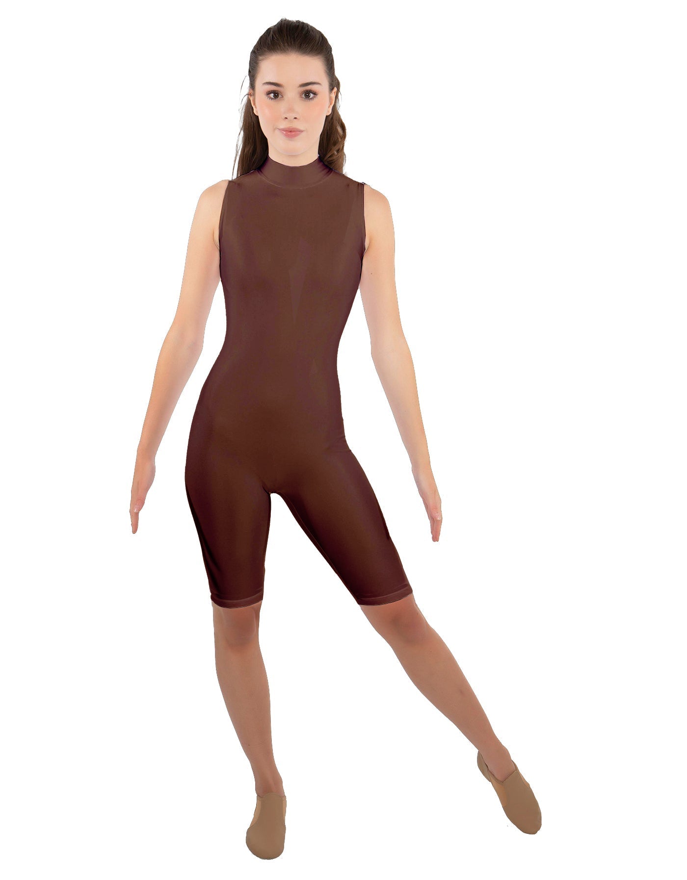 Solid Lycra T Neck Sleeveless Biketard - Nicker Short Length - Zipper Back