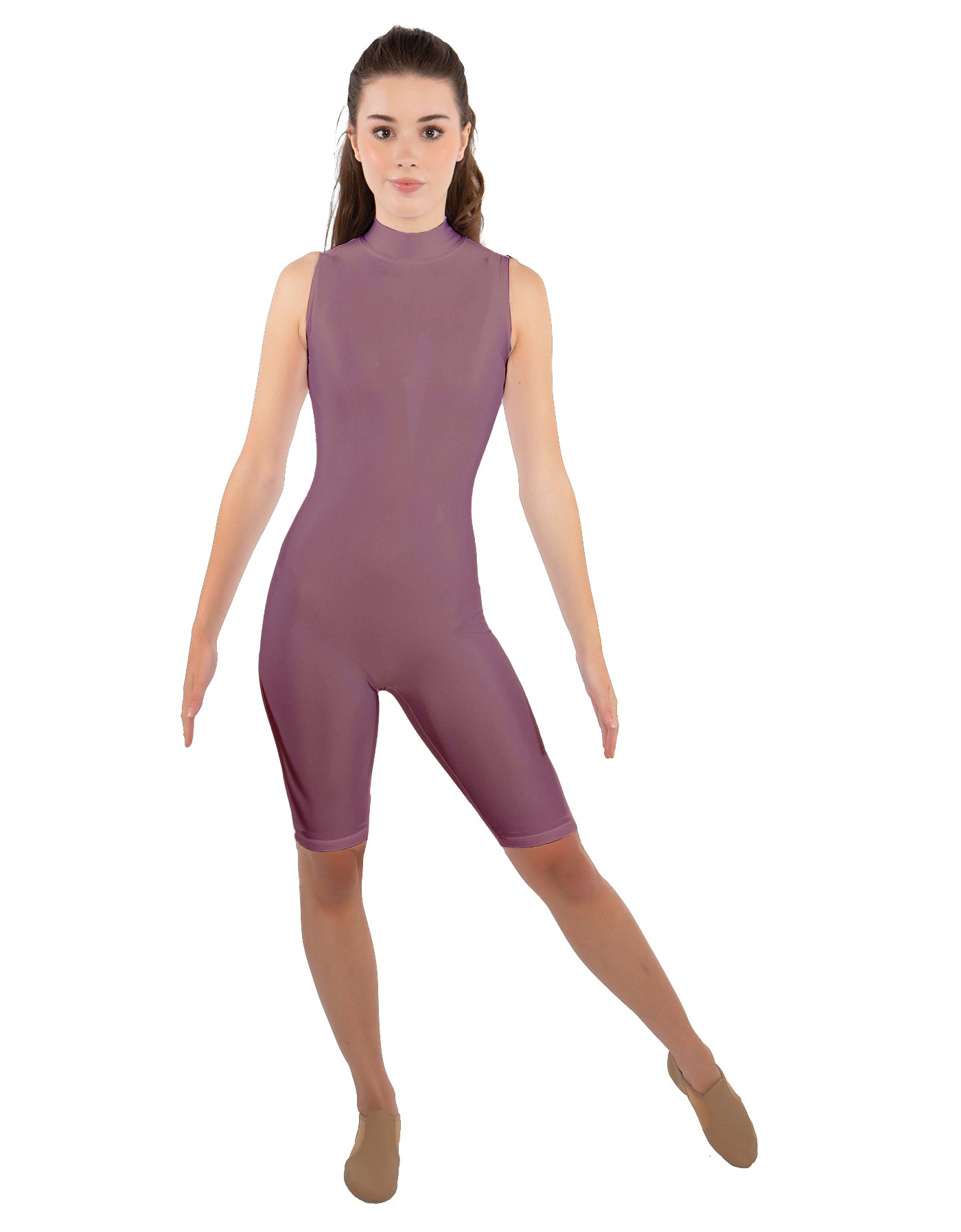 Solid Lycra T Neck Sleeveless Biketard - Nicker Short Length - Zipper Back