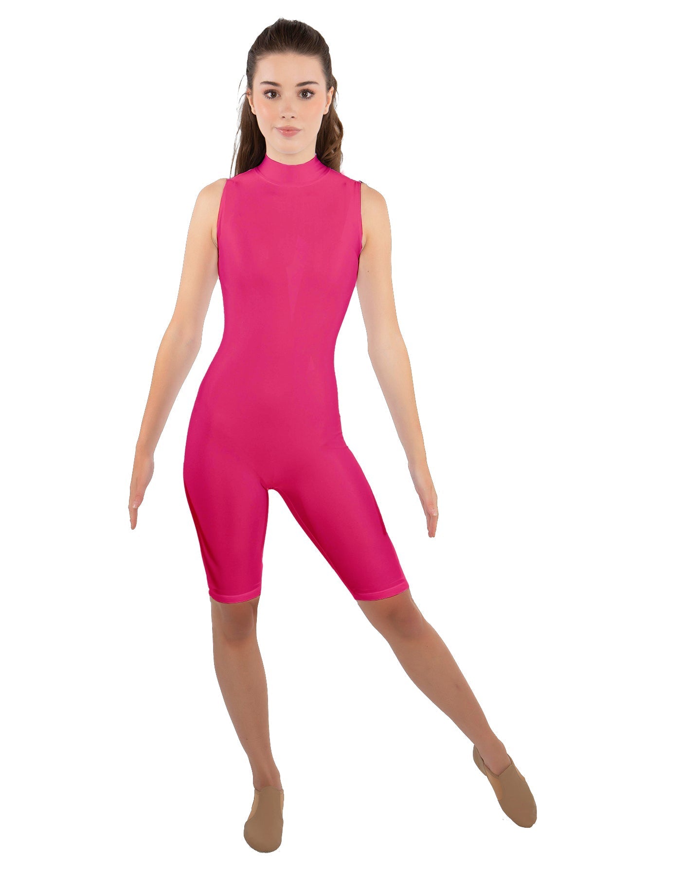 Solid Lycra T Neck Sleeveless Biketard - Nicker Short Length - Zipper Back
