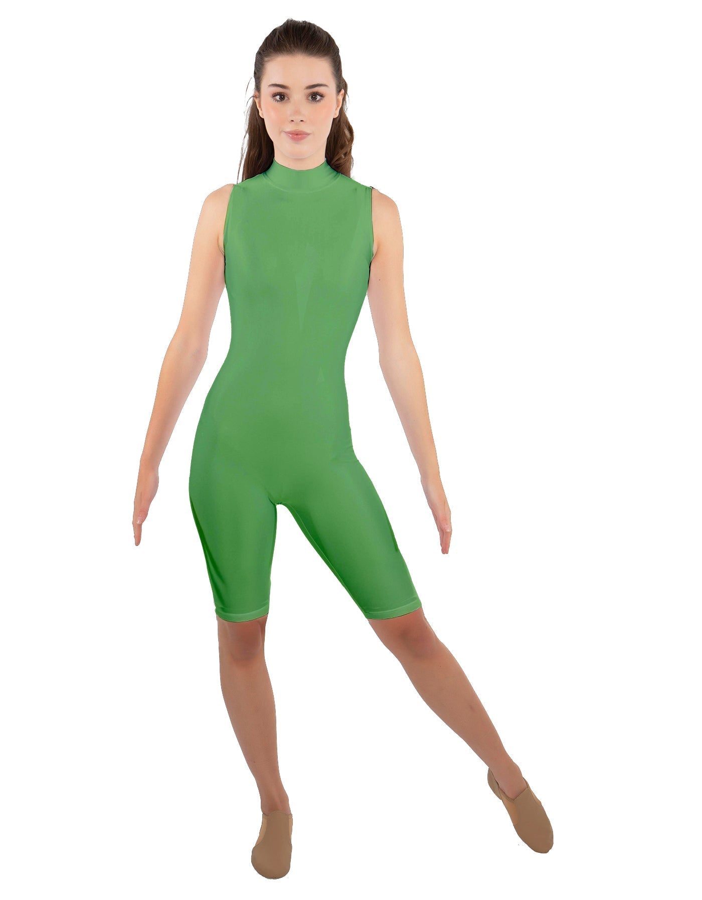 Solid Lycra T Neck Sleeveless Biketard - Nicker Short Length - Zipper Back