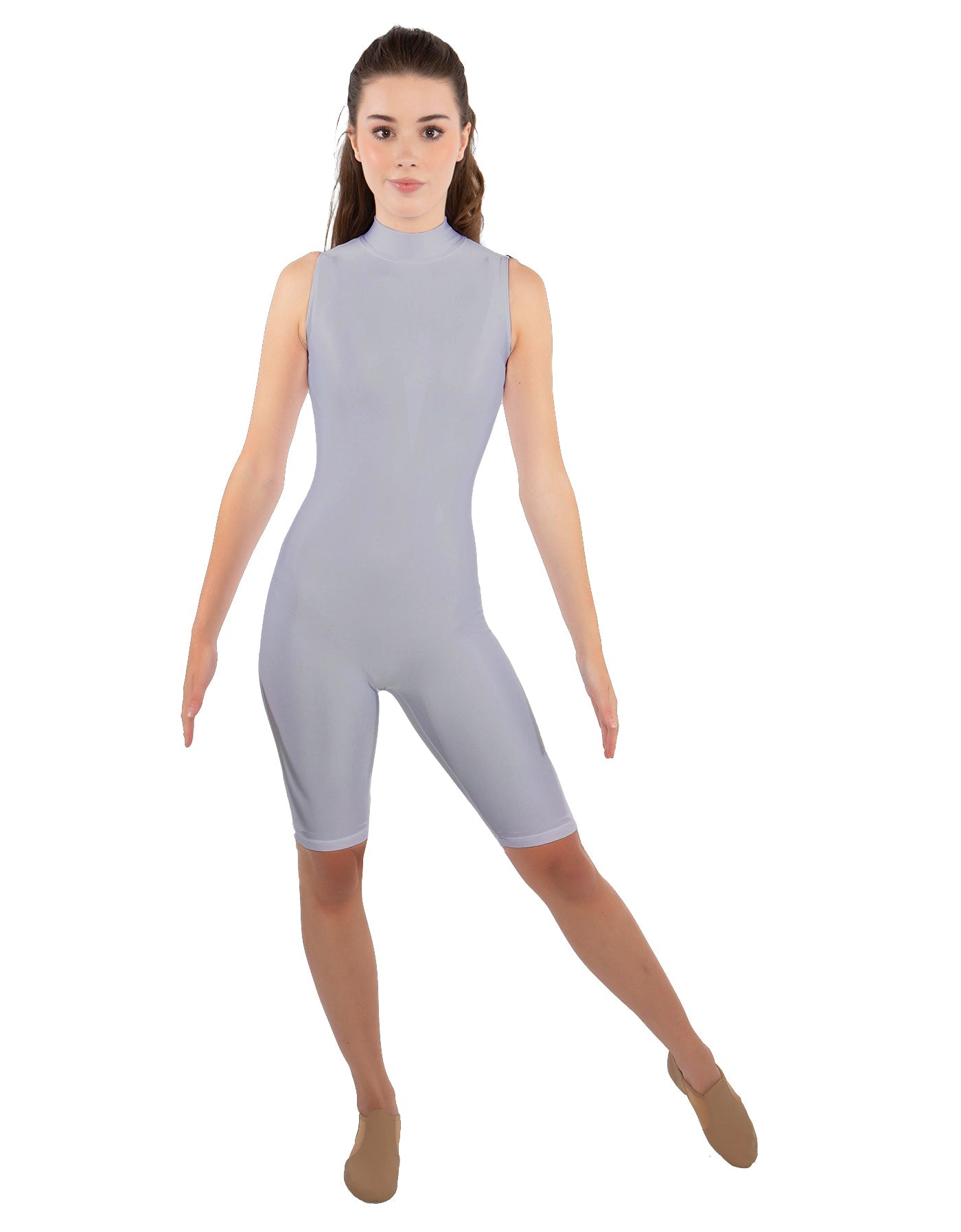 Solid Lycra T Neck Sleeveless Biketard - Nicker Short Length - Zipper Back
