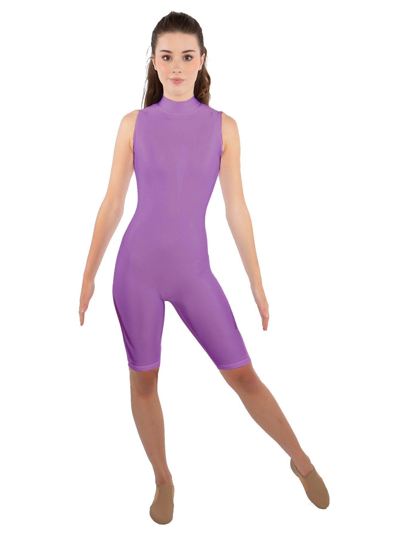 Solid Lycra T Neck Sleeveless Biketard - Nicker Short Length - Zipper Back