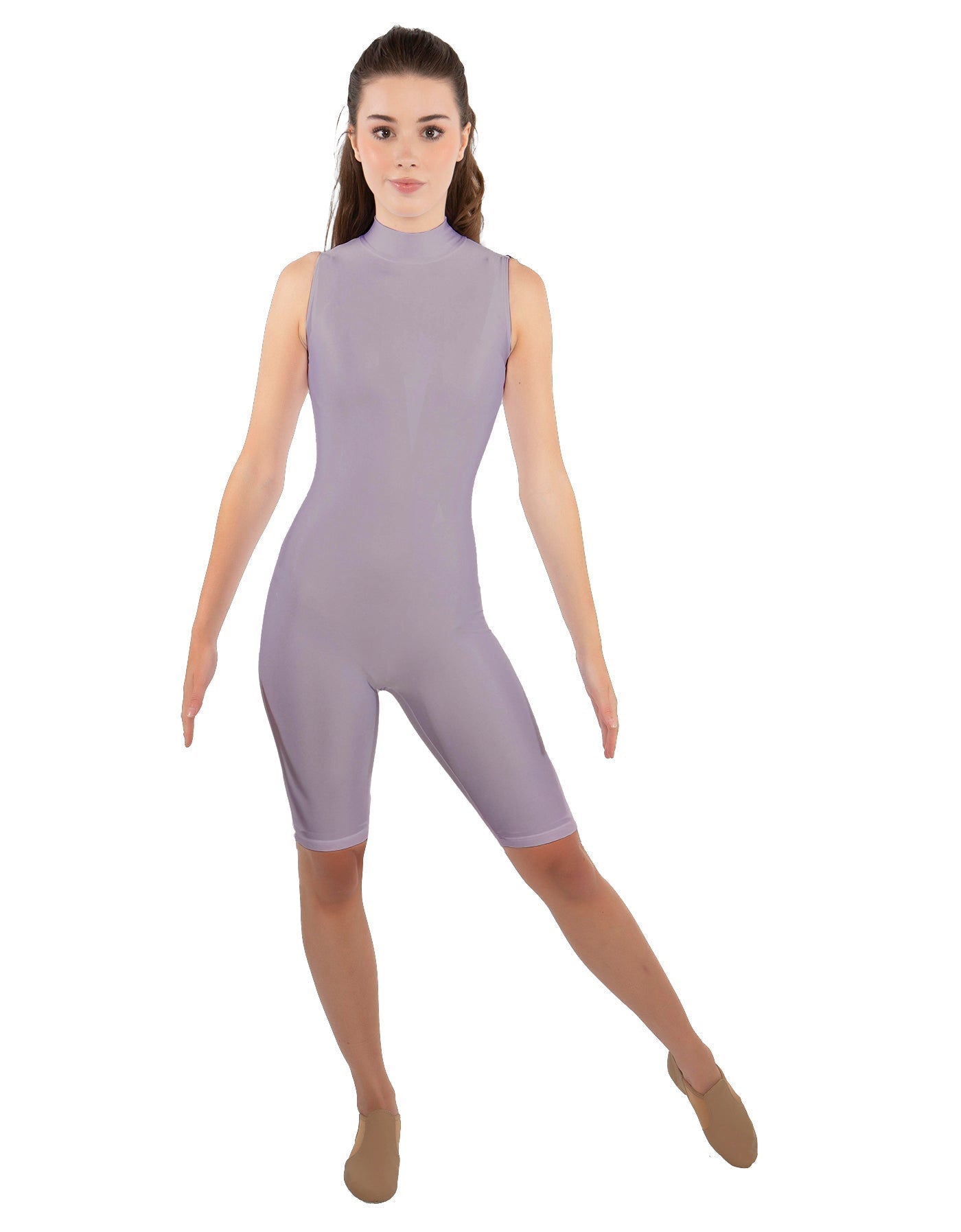 Solid Lycra T Neck Sleeveless Biketard - Nicker Short Length - Zipper Back