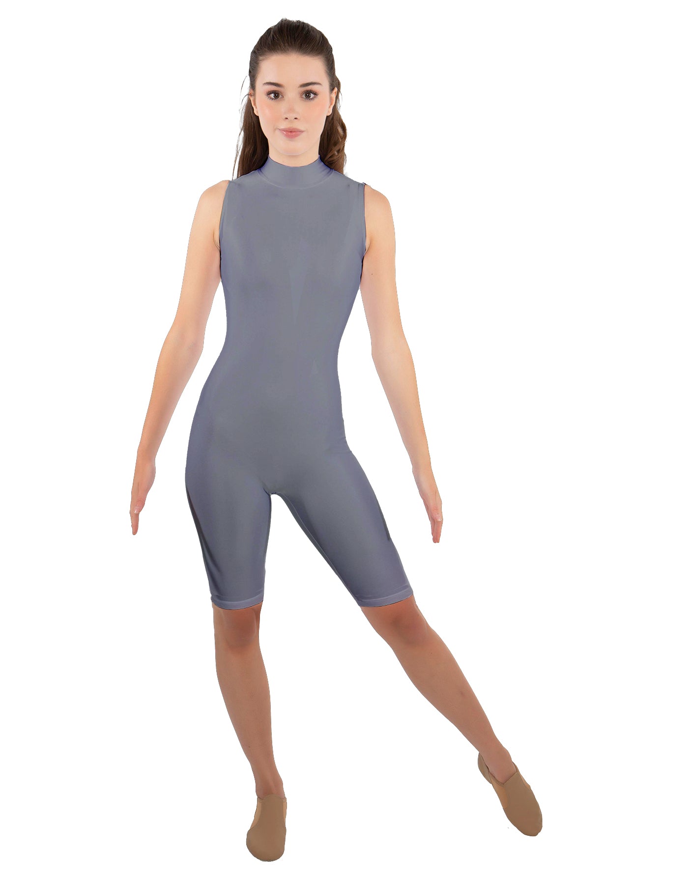 Solid Lycra T Neck Sleeveless Biketard - Nicker Short Length - Zipper Back