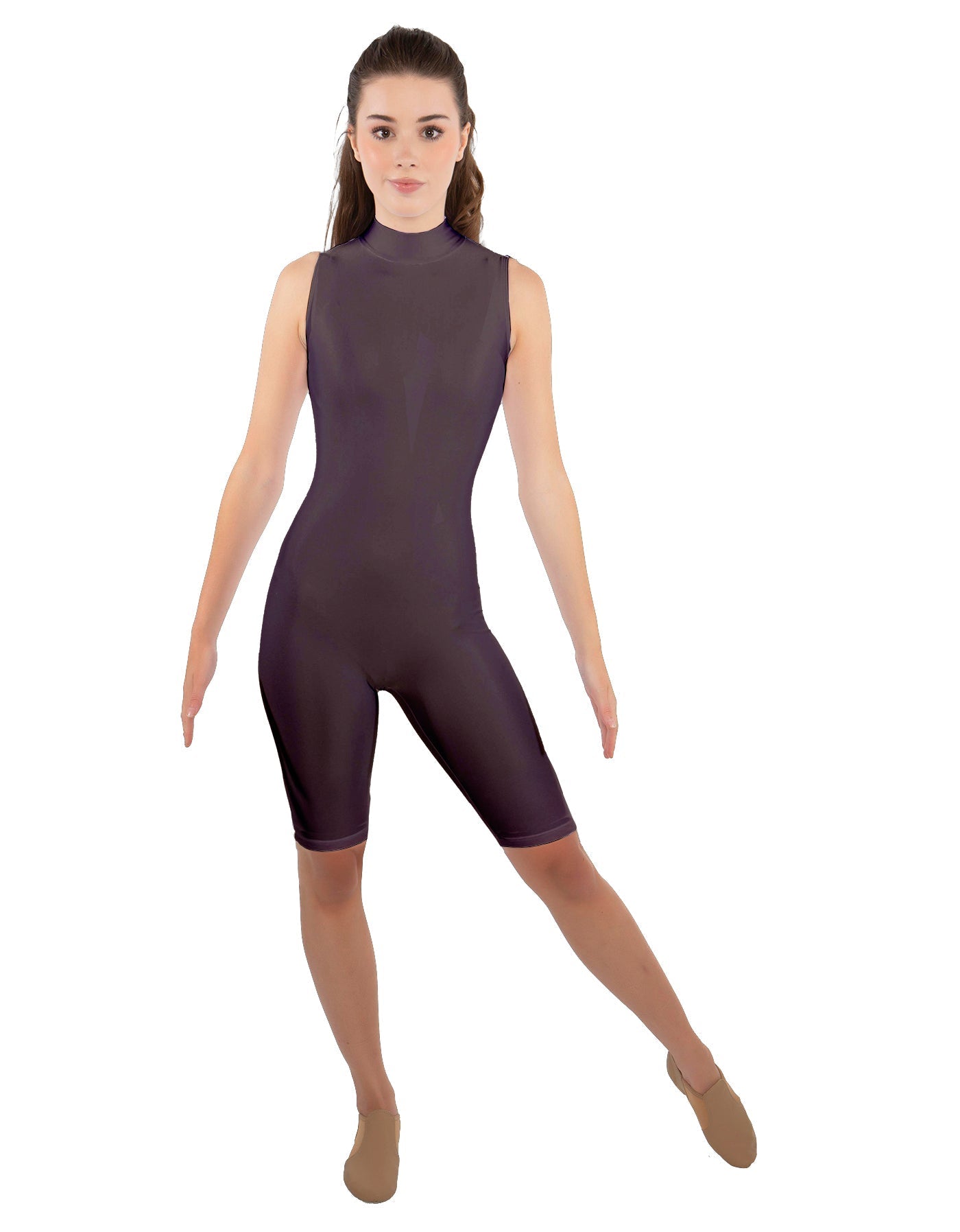 Solid Lycra T Neck Sleeveless Biketard - Nicker Short Length - Zipper Back