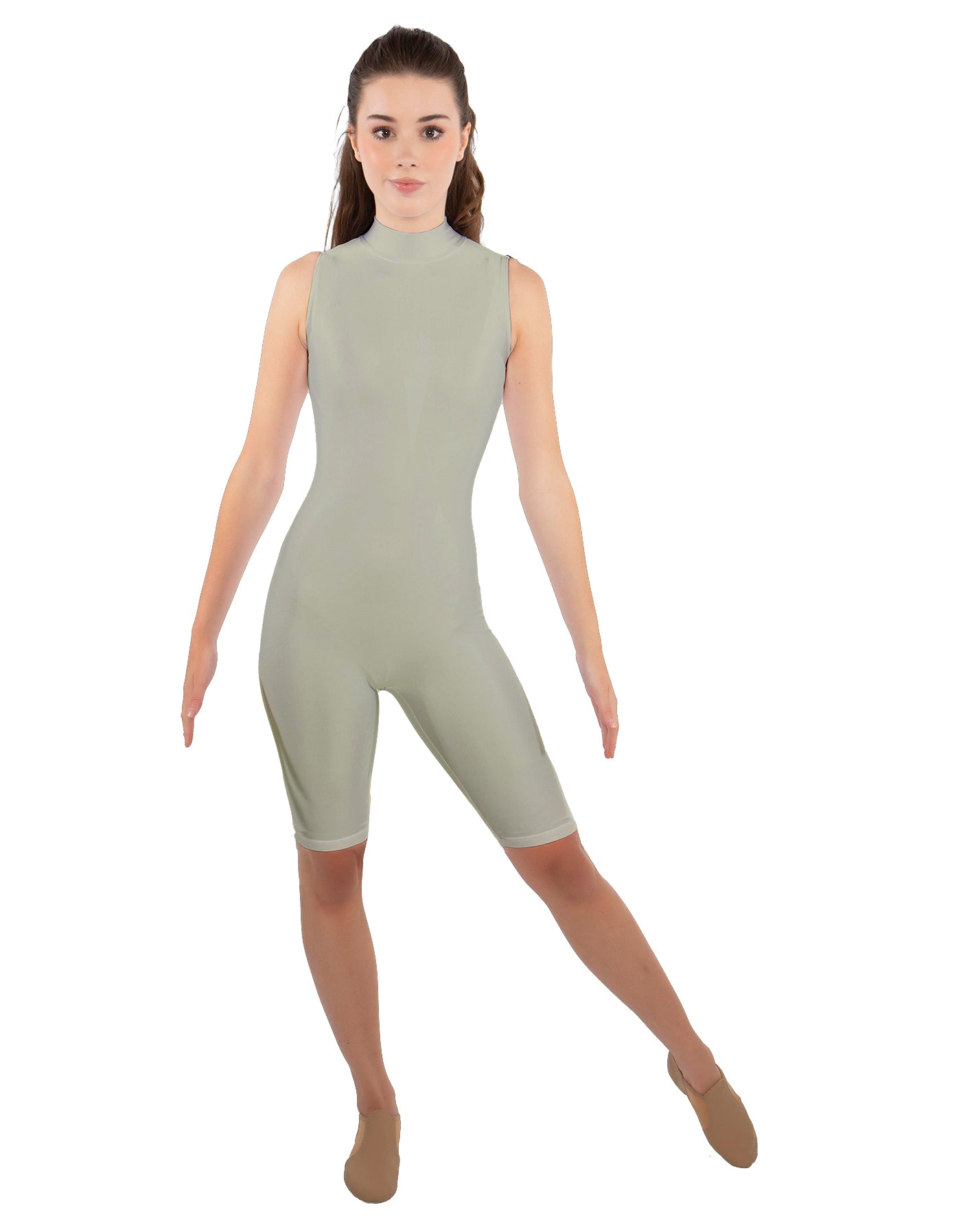 Solid Lycra T Neck Sleeveless Biketard - Nicker Short Length - Zipper Back