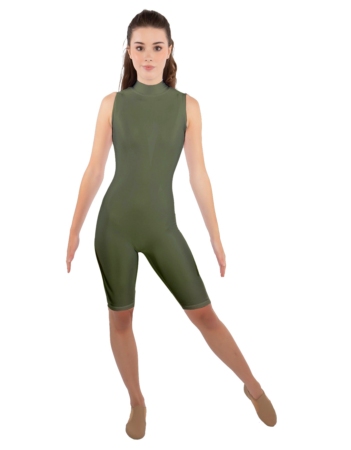 Solid Lycra T Neck Sleeveless Biketard - Nicker Short Length - Zipper Back