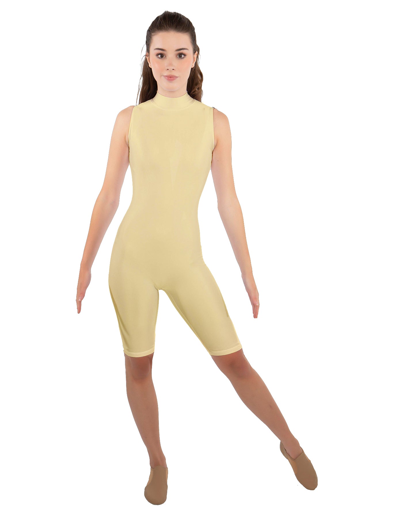 Solid Lycra T Neck Sleeveless Biketard - Nicker Short Length - Zipper Back