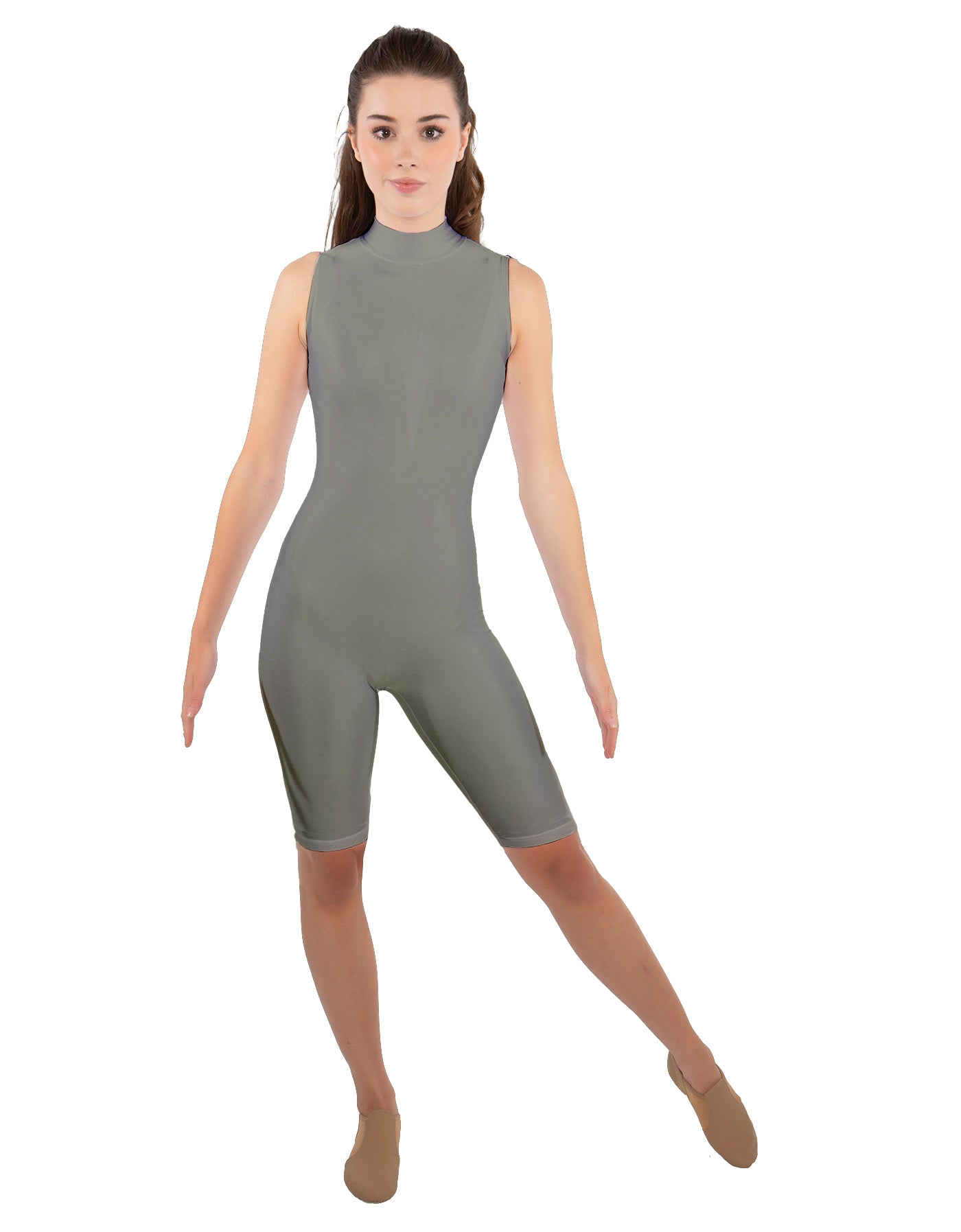 Solid Lycra T Neck Sleeveless Biketard - Nicker Short Length - Zipper Back