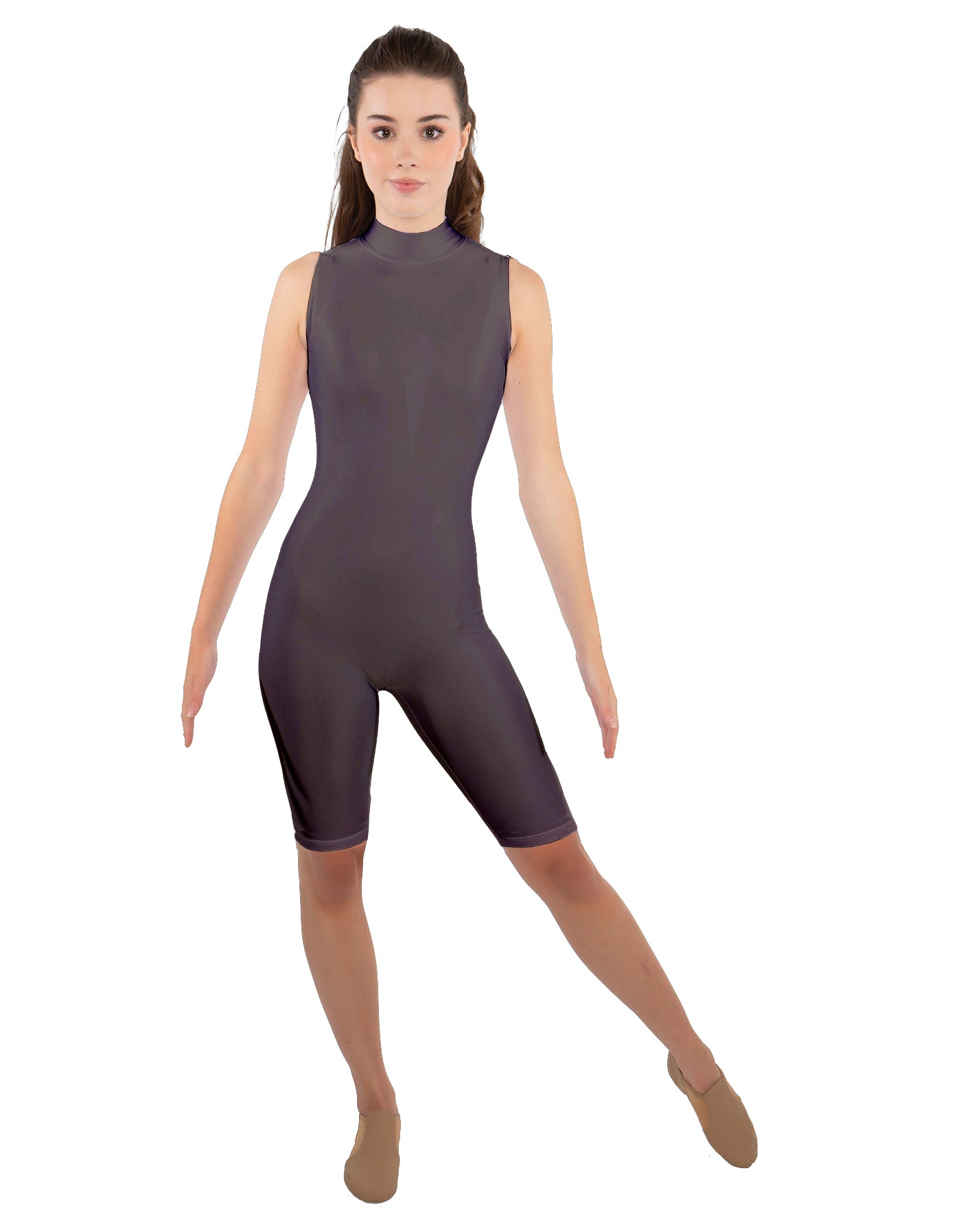 Solid Lycra T Neck Sleeveless Biketard - Nicker Short Length - Zipper Back