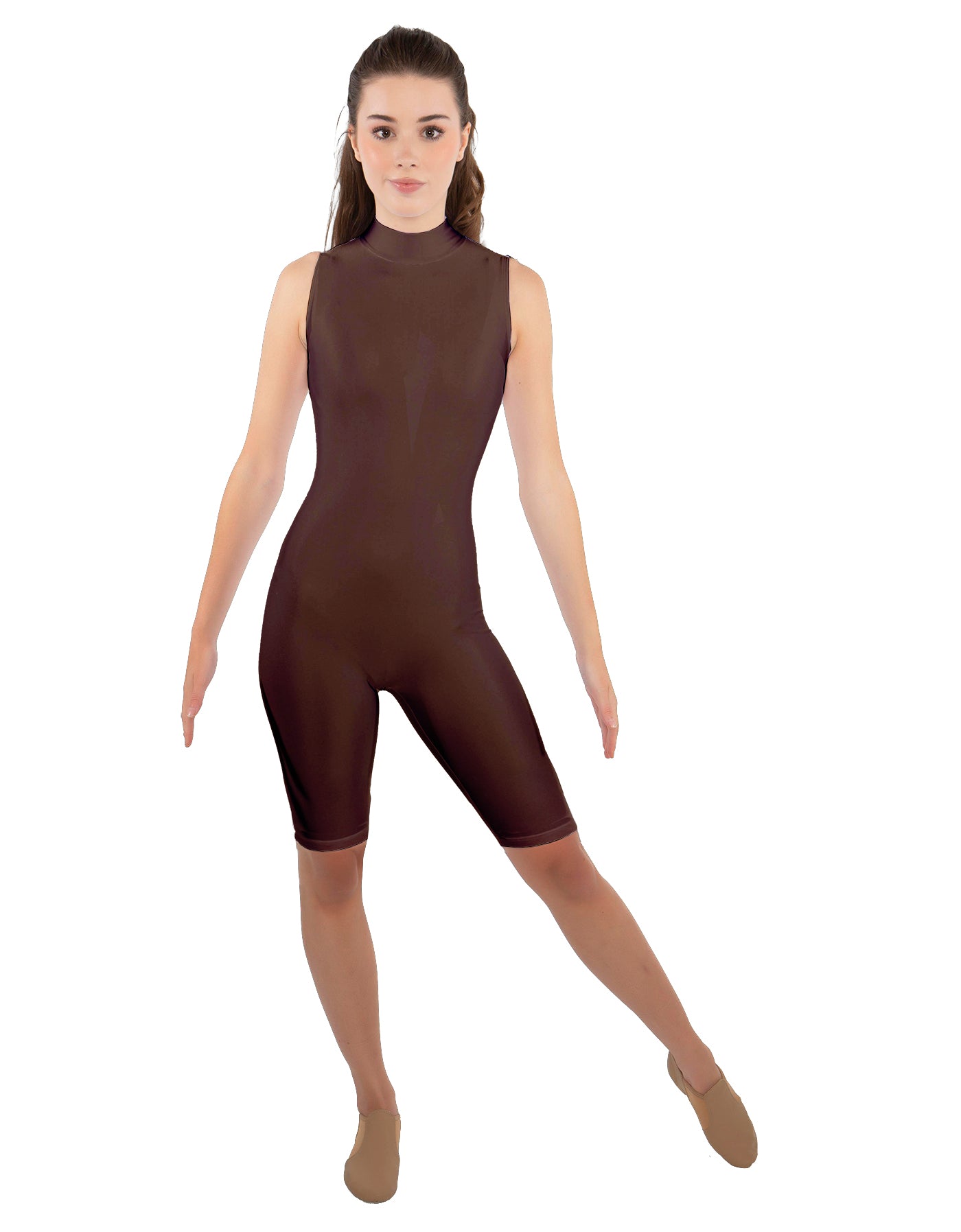 Solid Lycra T Neck Sleeveless Biketard - Nicker Short Length - Zipper Back